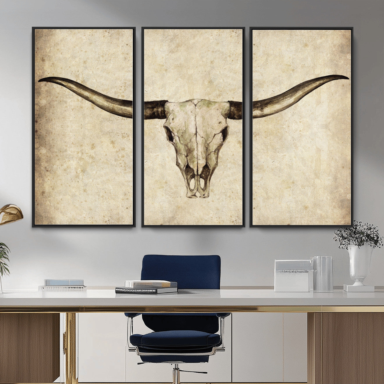 42788678-MGV-CV-36X24 - Longhorn Skull Wall Art Canvas Print – Rustic Western Artwork Print for Living Room Wall Decor