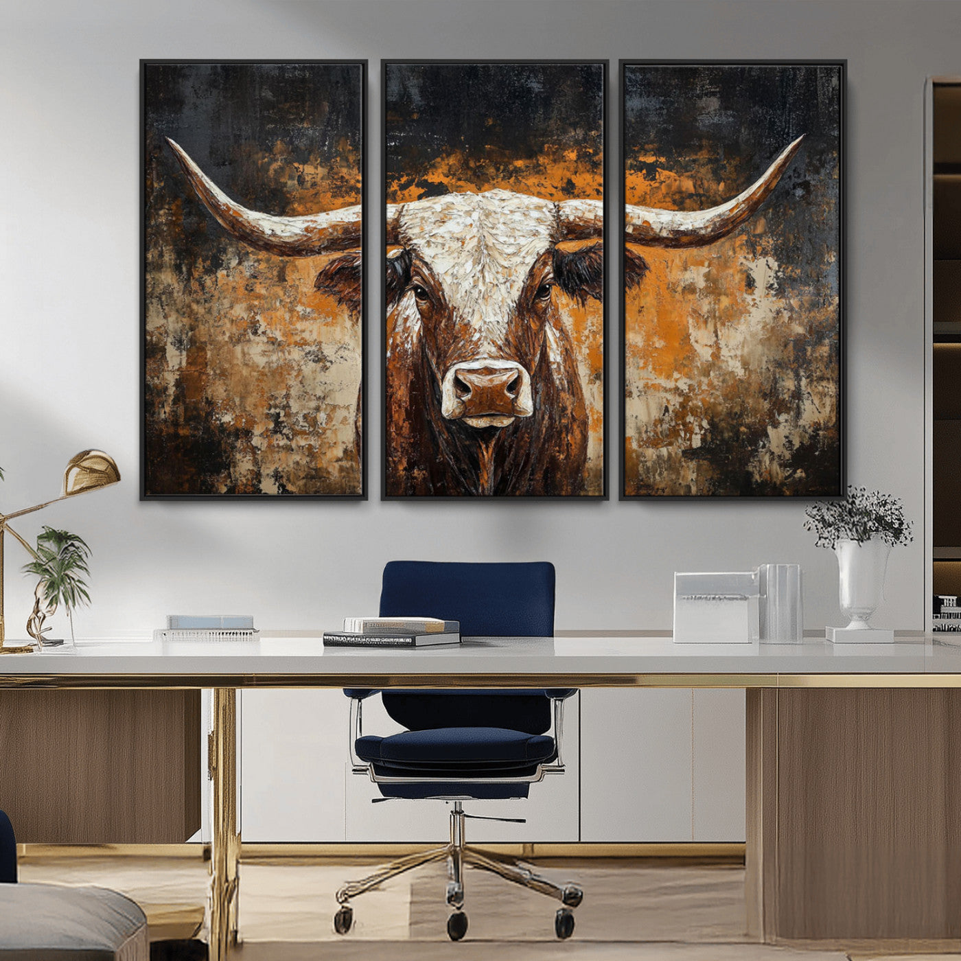 25265572-MGV-CV-36X24-Rustic Longhorn Bull Wall Art Canvas Print – Vintage Western Cattle Scene, Texas Steer Artwork for Home, Office