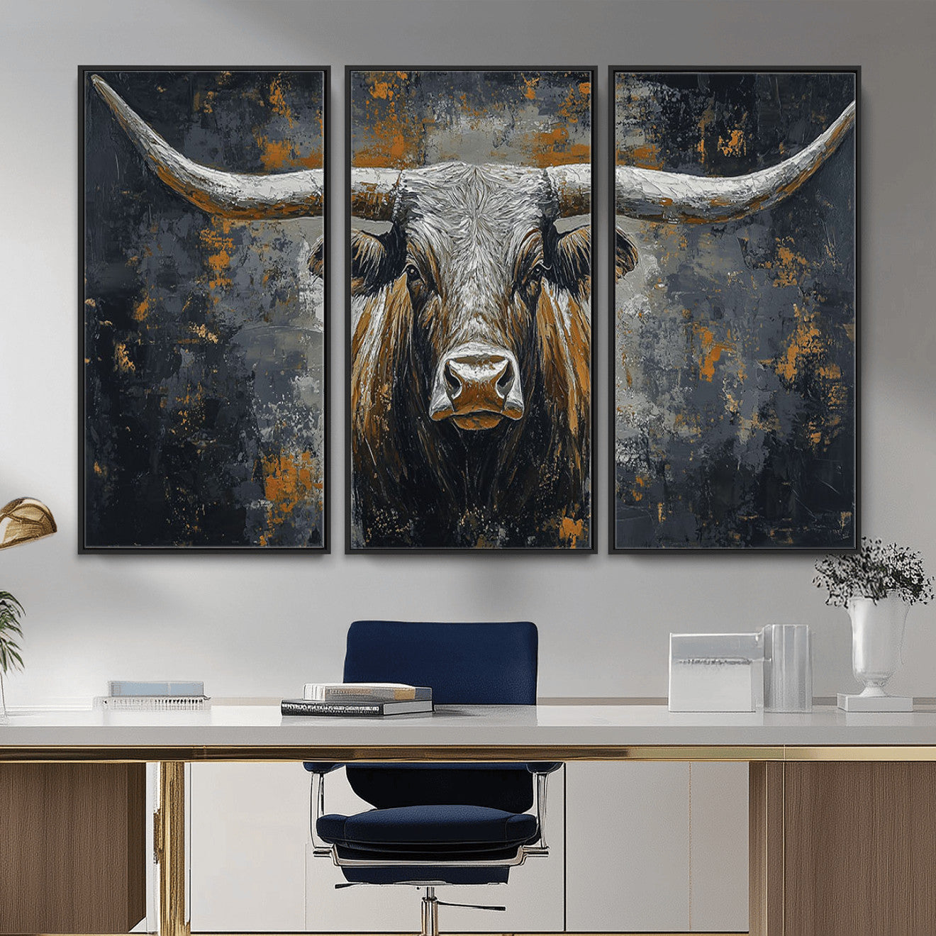 73972561-MGV-CV-36X24 - Bold Bull Wall Art Canvas – Striking Portrait with Wide Horns and Rich Brown Hues, Rustic Farmhouse and Western Decor for Home Room