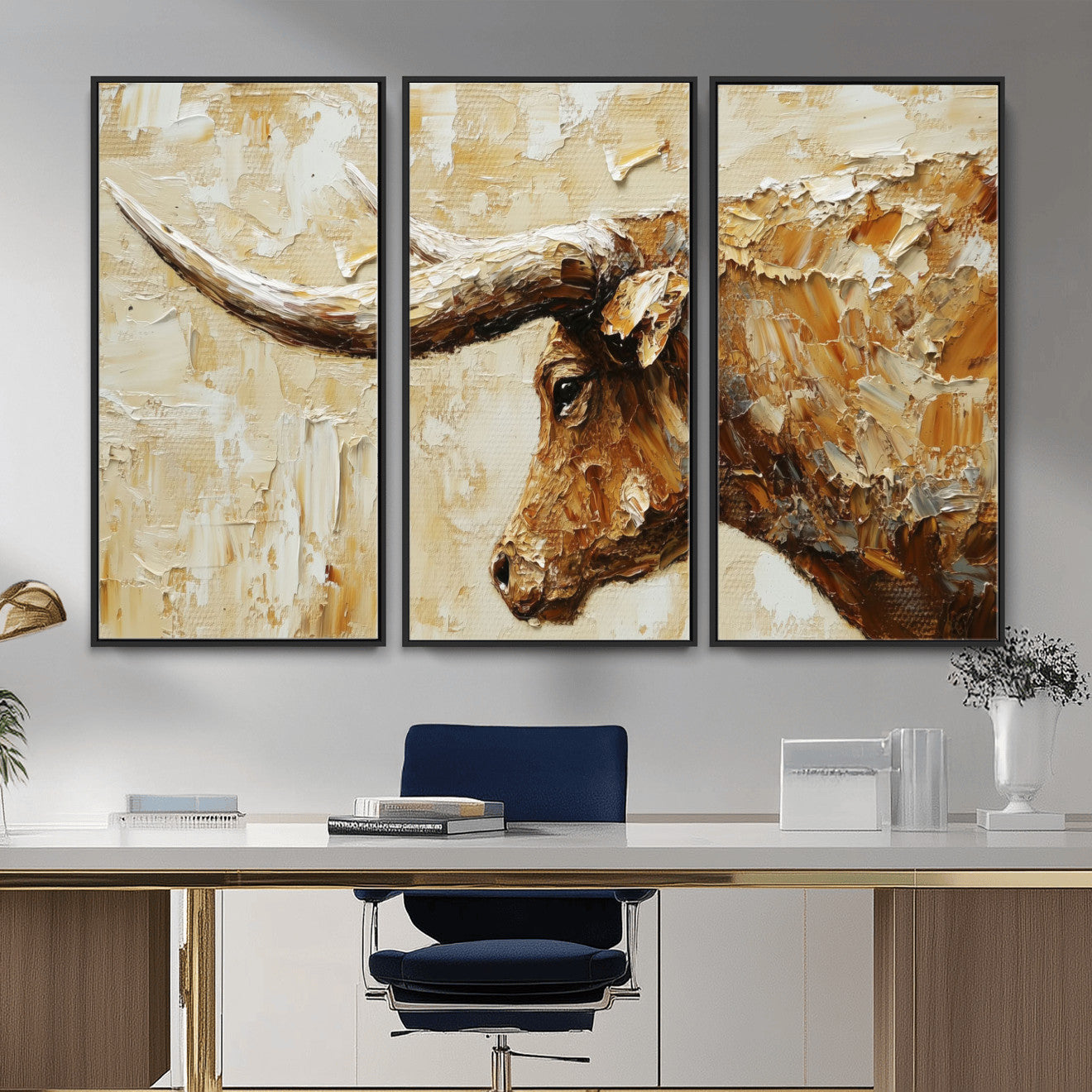 69611428-MGV-CV-36X24 - Rustic Longhorn Bull Wall Art Canvas Print – Vintage Western Cattle Painting, Texas Abstract Wall Cow Prints
