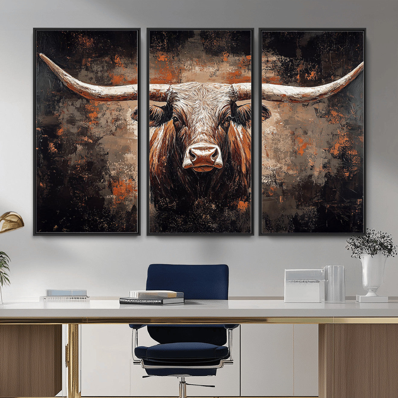 24779067-MGV-CV-36X24 - Rustic Longhorn Bull Wall Art Canvas Print – Vintage Western Cattle Painting, Texas Steer Artwork