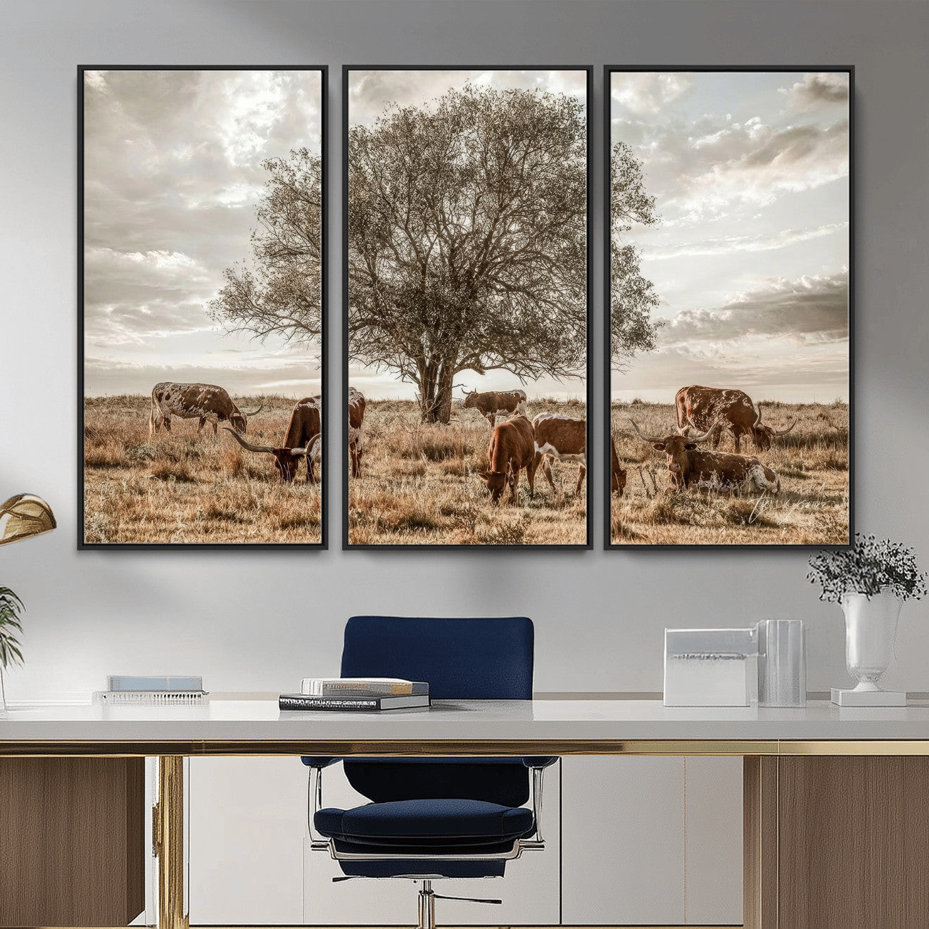 87590224-MGV-CV-36X24 - Texas Longhorn Cattle Wall Art Canvas Print – Rustic Western Ranch Scene with Steers at Sunset, Perfect for Farmhouse or Cowboy Decor