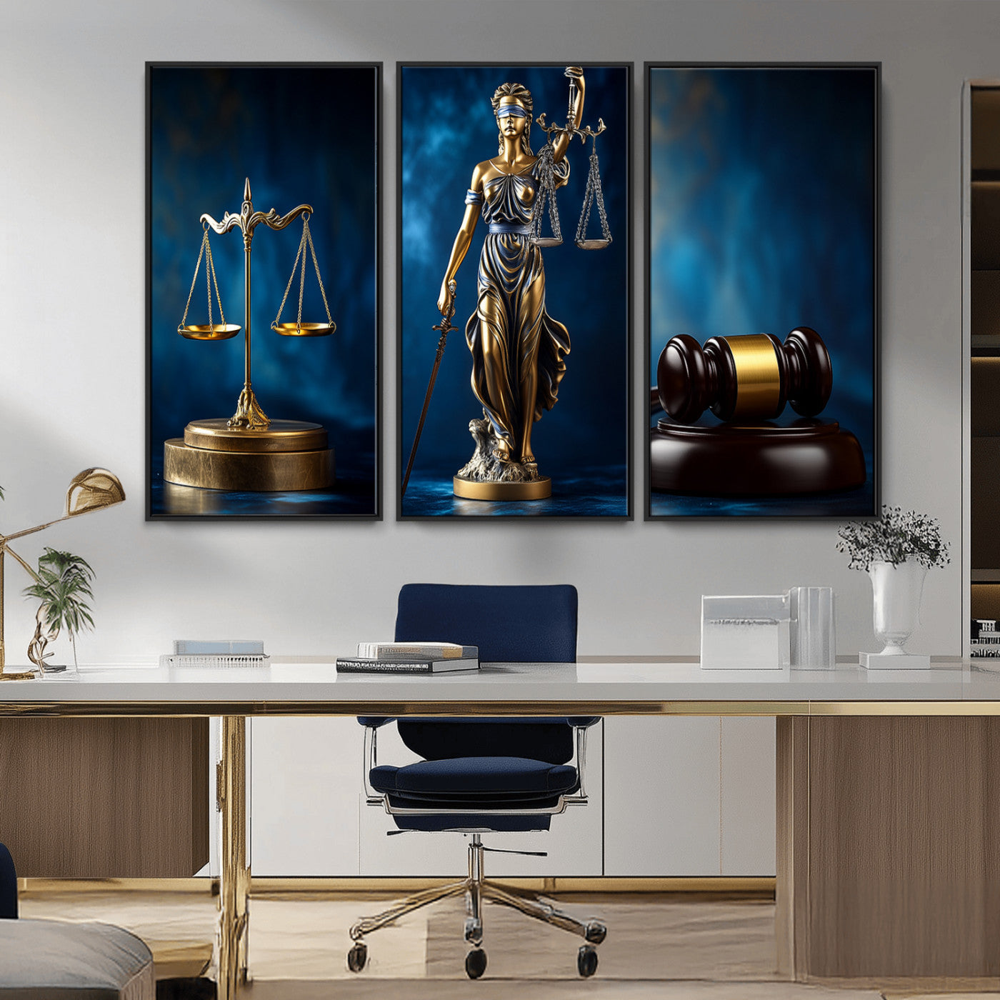 33888279-MGV-FP-36X24-3P_Walnut-Lady Justice Wall Art Canvas Print – Elegant Gold Legal Symbols Blue Background, Perfect for Law