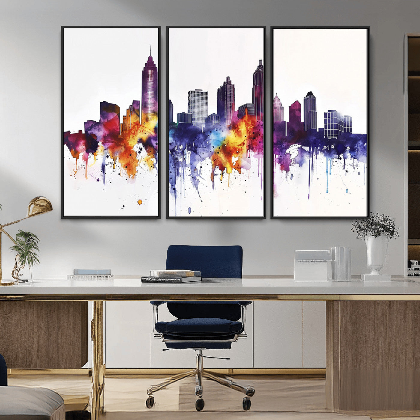 34479880-MGV-CV-36X24-Atlanta Skyline Wall Art Canvas Print – Framed Colorful Watercolor Cityscape Artwork for Home, Office, Living Room