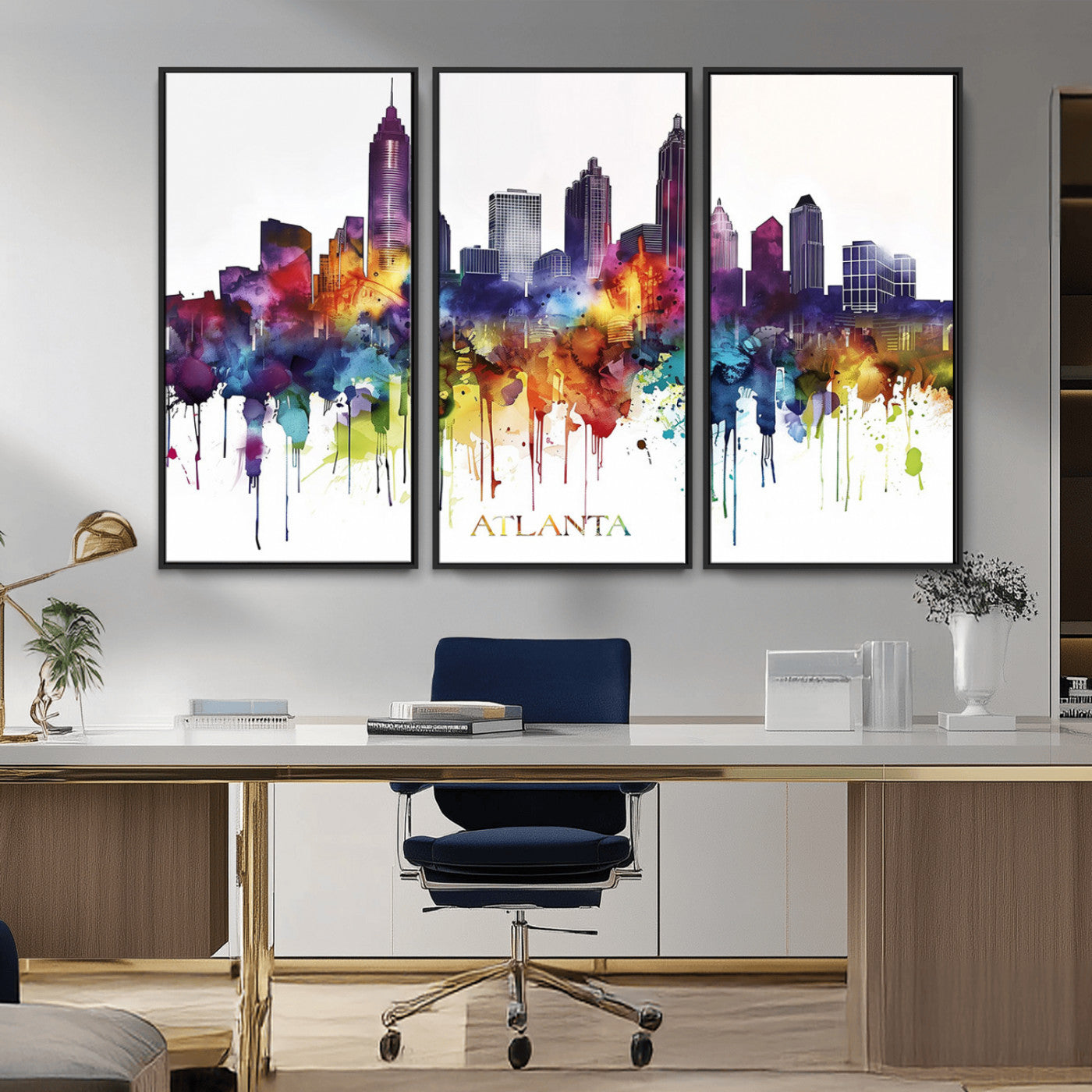 36048320-MGV-FC-48X32-3P_Black-Atlanta Skyline Wall Art Canvas Print – Framed Colorful Watercolor Cityscape Abstract Urban Artwork for Home, Office