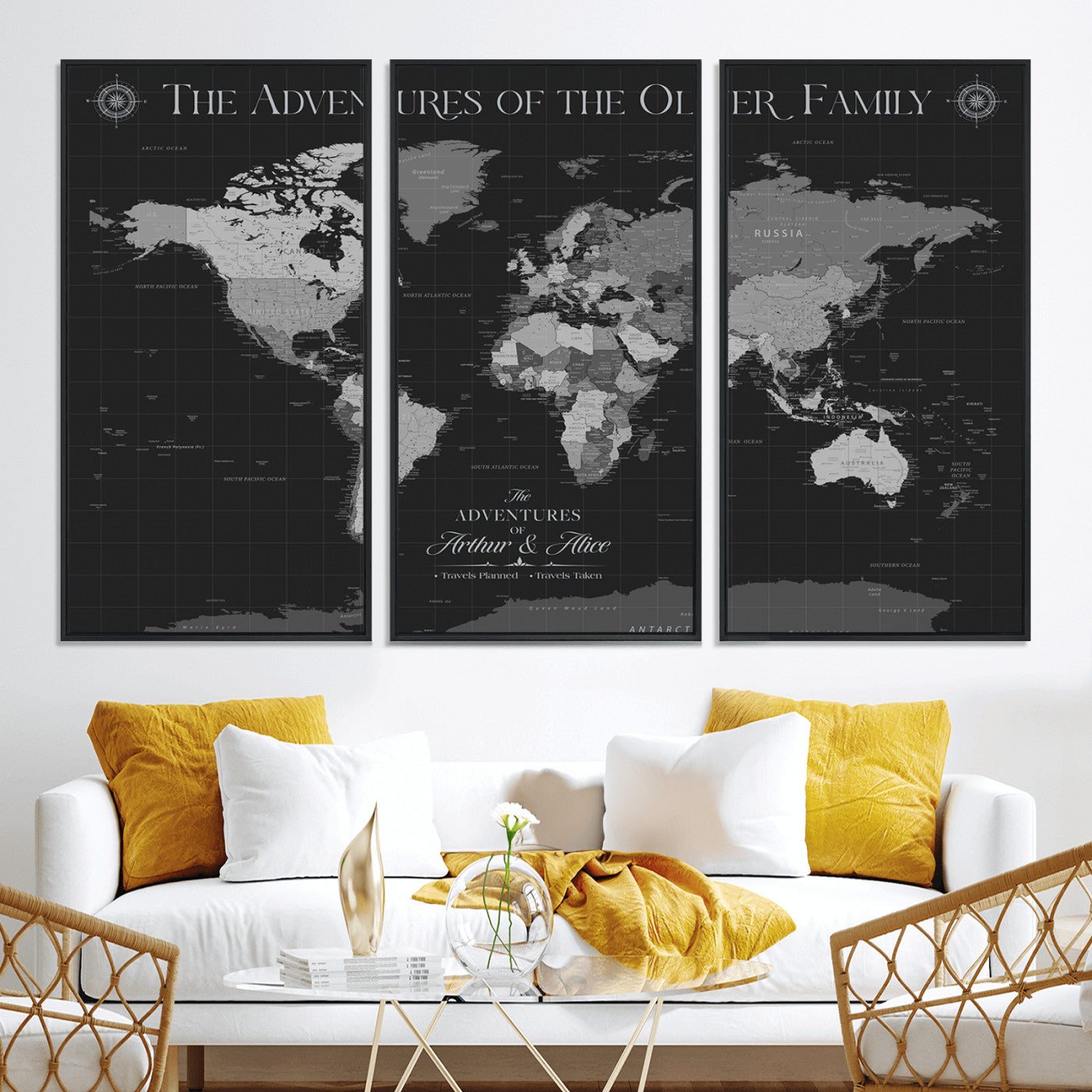 -Personalized Family World Map Canvas – Custom Framed Push Pin Travel Tracker, Modern Adventure Wall Art for Home, Office