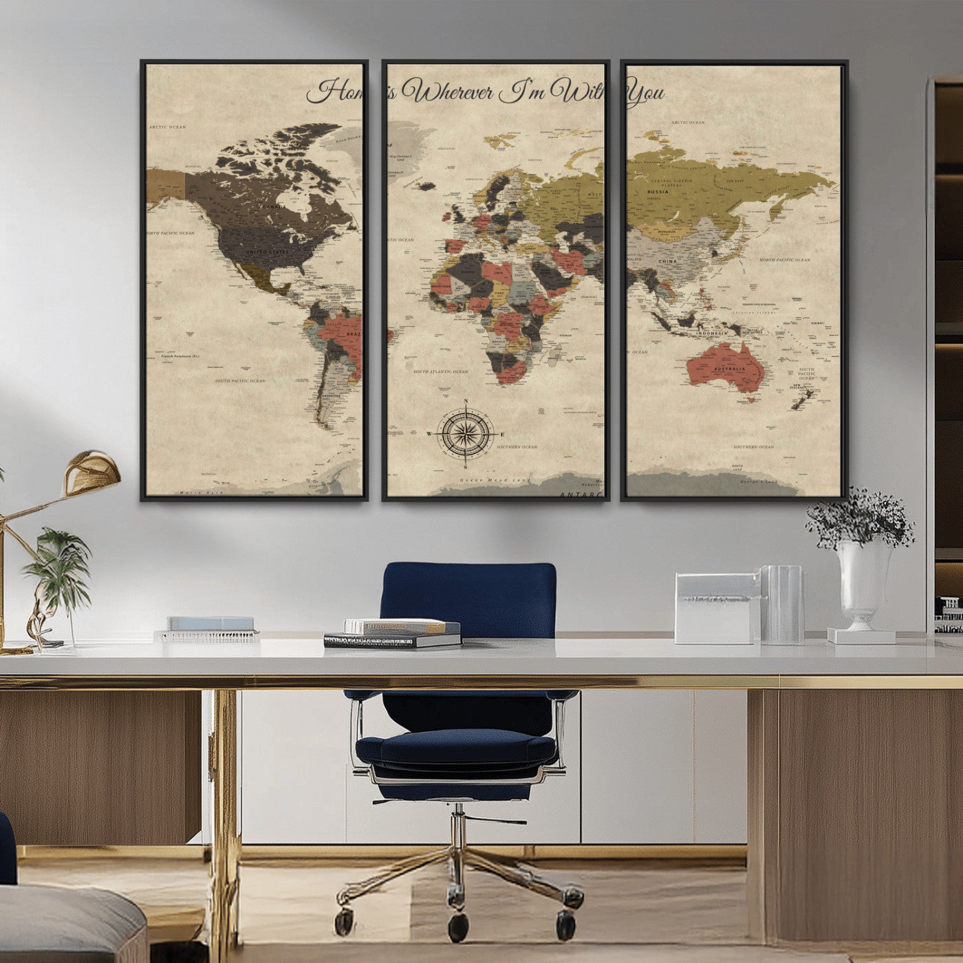 -Personalized World Map Wall Art Canvas Print – Customizable Push Pin Framed Travel Map Artwork for Home Office