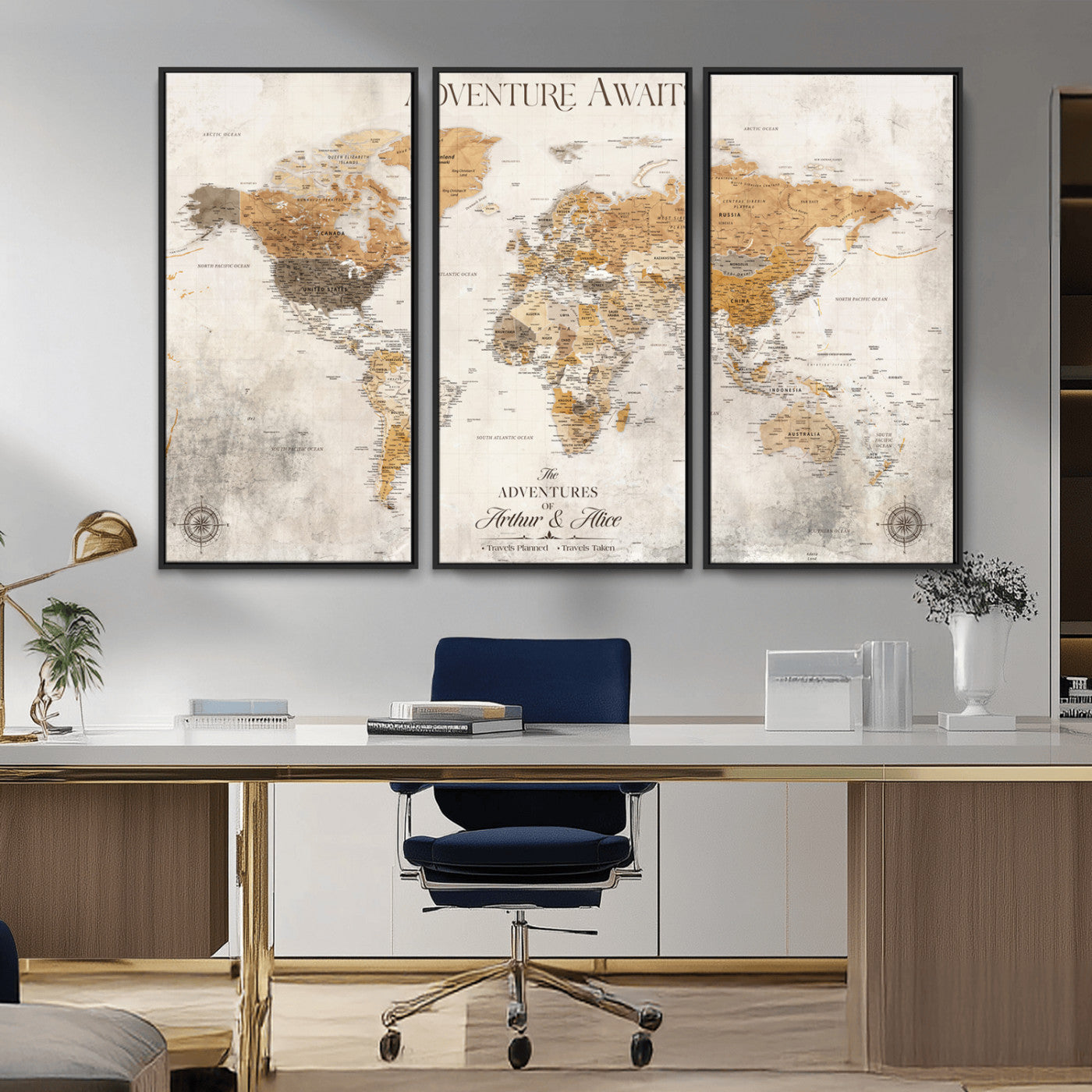 Rehber01-MGV-CV-36X24-Personalized World Map Canvas Print – Custom Push Pin Travel Map Vintage Neutral Style Gift for Couples Travelers for Home Office