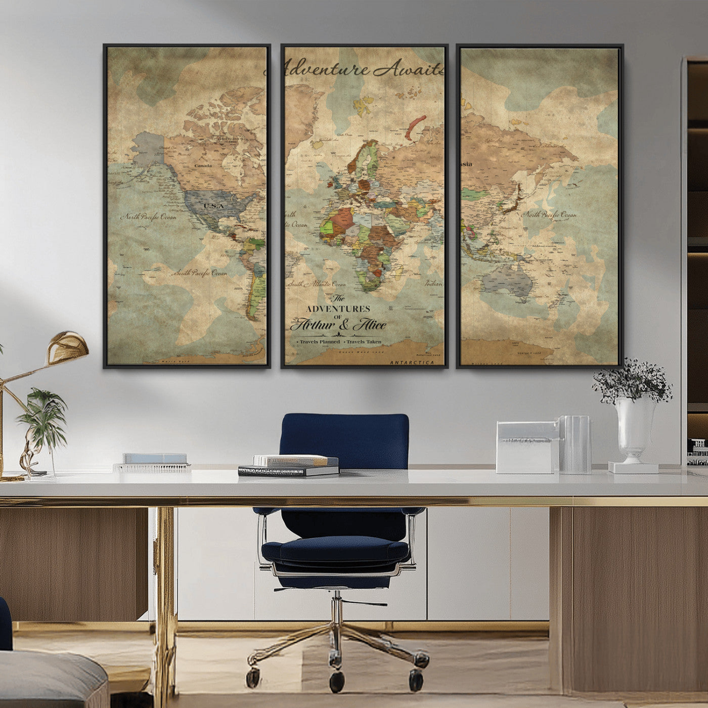 Rehber01-MGV-CV-36X24-Personalized Vintage World Map Canvas Print – Custom Push Pin Travel Map Antique Style Gift for Couples Travelers for Home Office