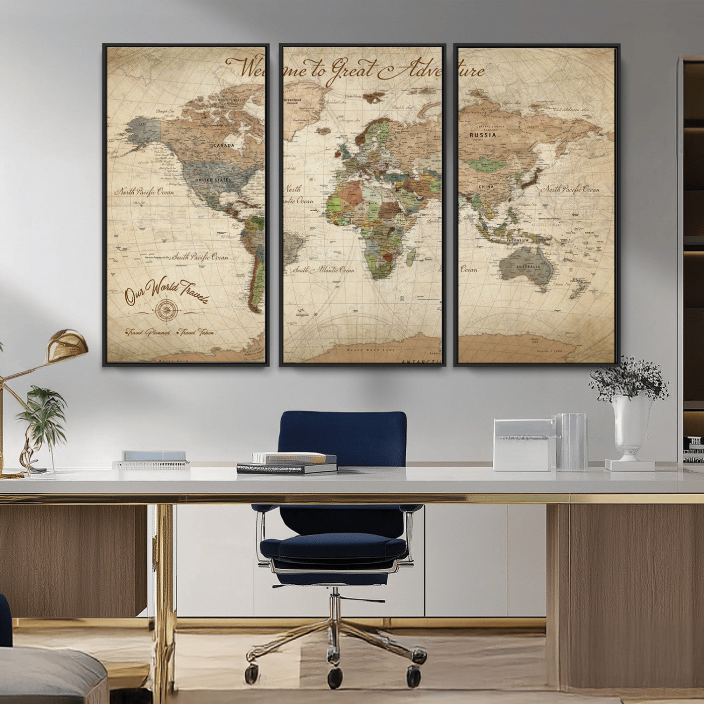 -Personalized Antique World Map Canvas Print – Custom Push Pin Travel Tracker Vintage Adventure Gift for Couples for Home, Office