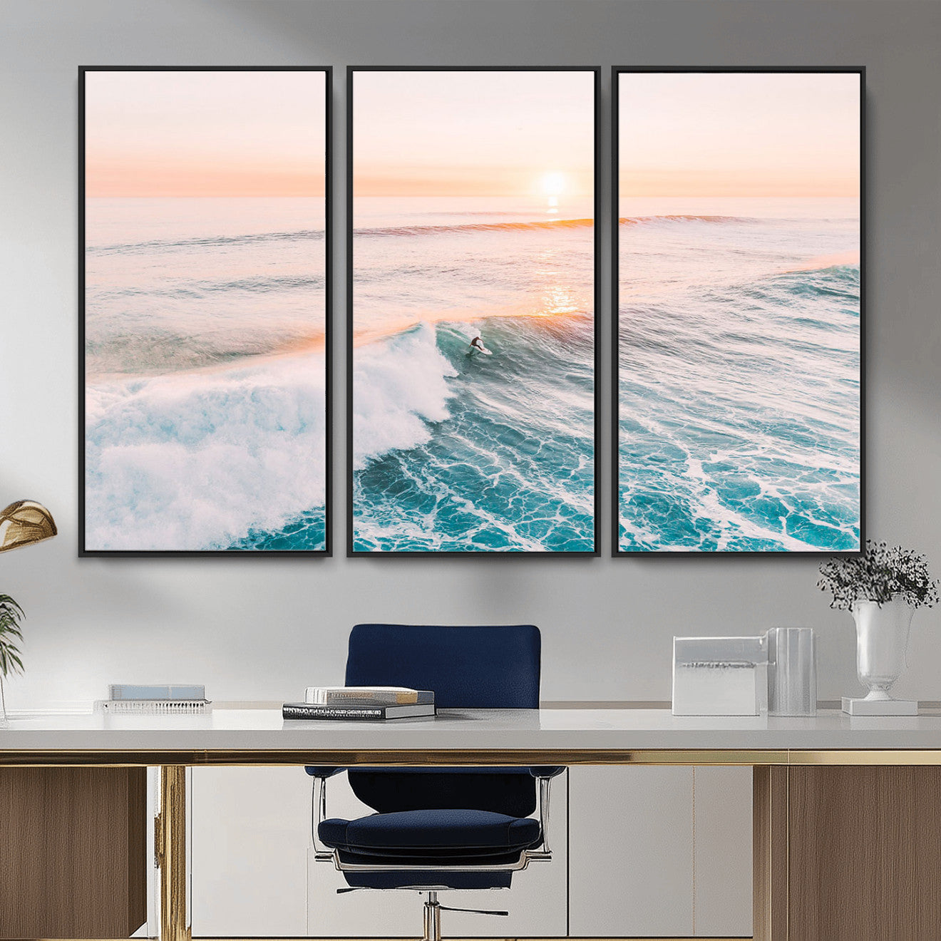 34064591-MGV-CV-36X24 - Sunset Surfing Wall Art Canvas Print, Ocean Wave Surfer with Golden Sky Artwork for Home, Office, Living Room