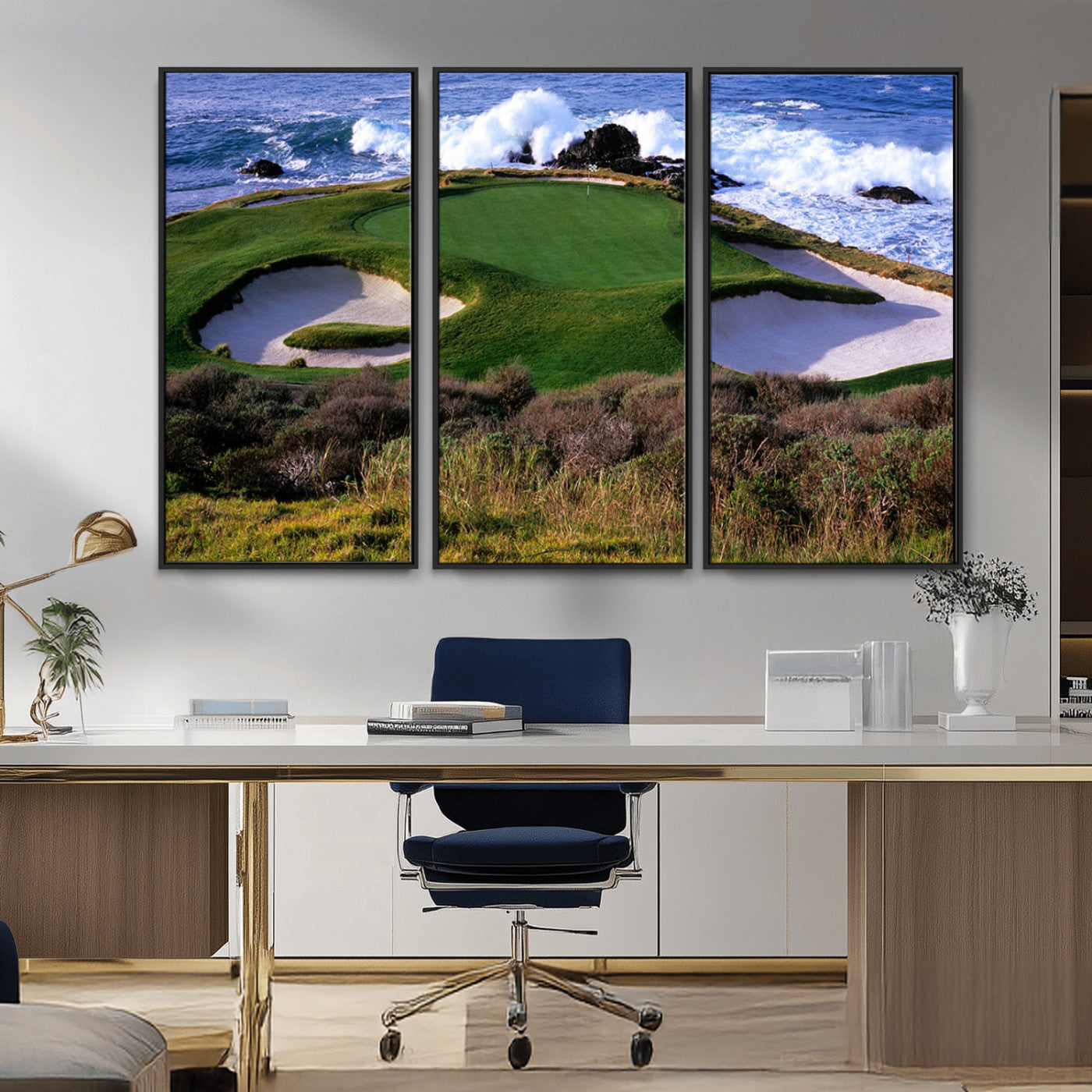 22776914-MGV-CV-36X24-Ocean Cliff Golf Green Canvas Print – Framed Majestic Coastal Scene with Lush Green Artwork for Home, Office
