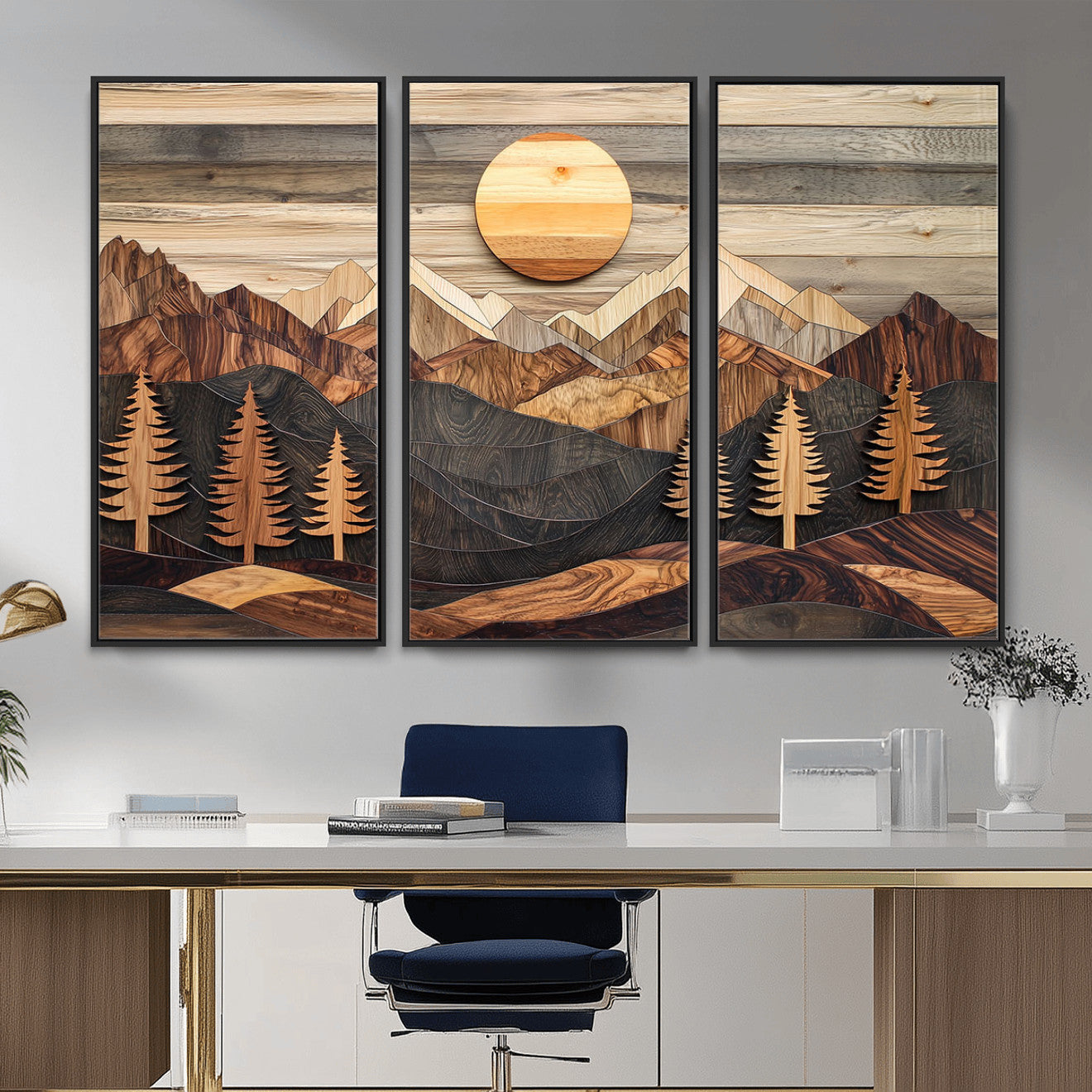 19832326-MGV-FC-48X32-3P - Wooden Mountain Landscape Layered Texture Geometric Shapes Sun Pine Trees Rustic Natural Tones Art