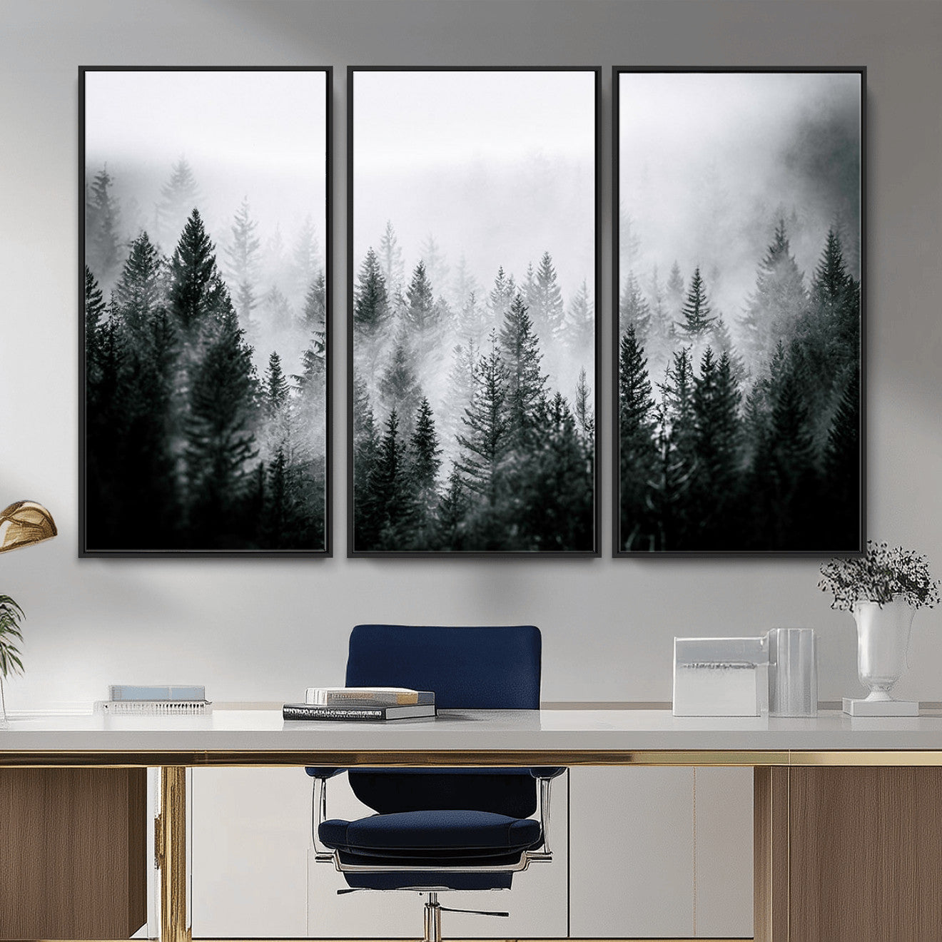 MGV-FC-48X32-3P - Foggy Pine Forest Canvas Wall Art, Horizontal Black and White Nature Landscape Print for Modern Home Decor