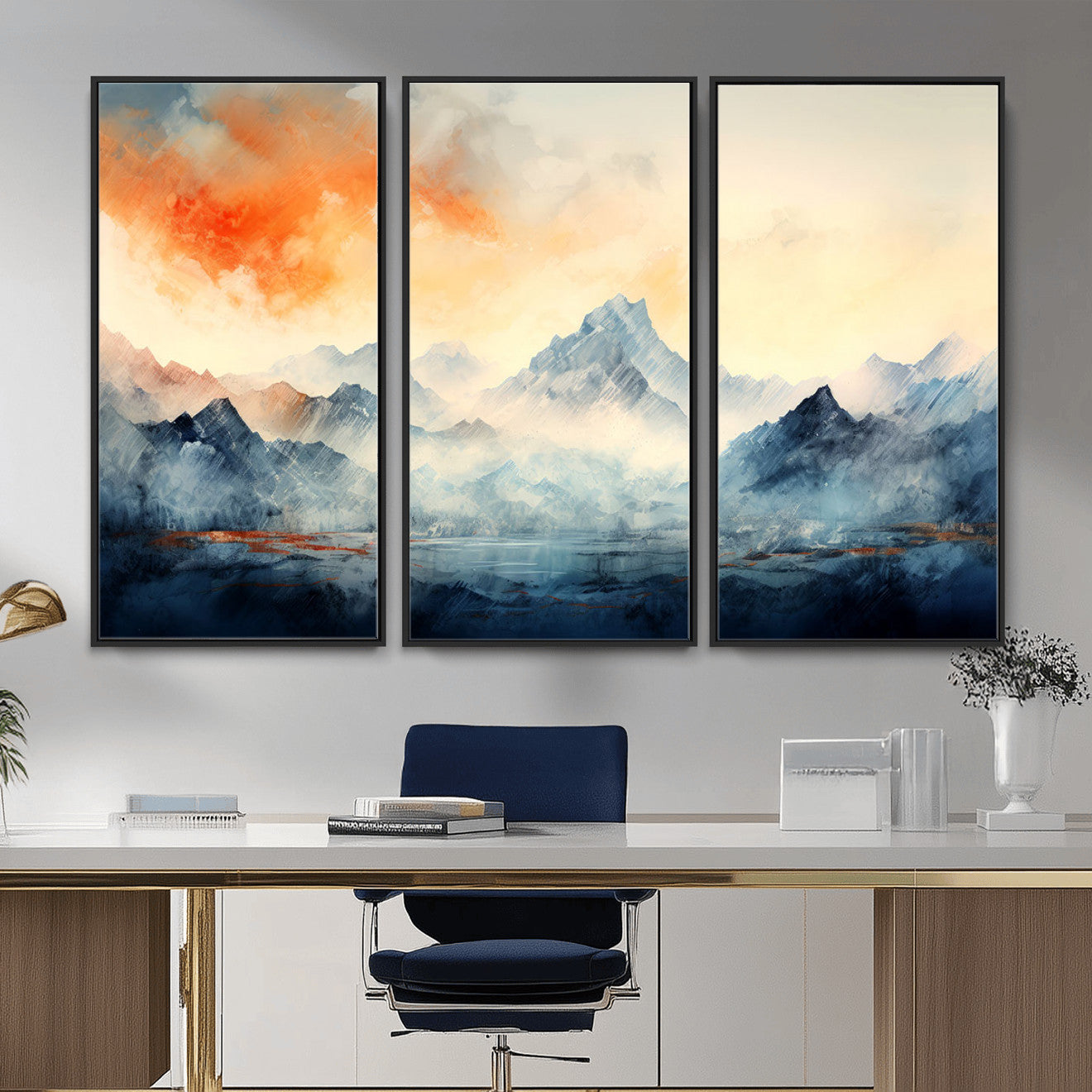 WRM1005-MGV-FC-48X32-3P - Warm Clouds Abstract Mountain Wall Art, Modern Landscape Canvas Print, Minimal Framed Artwork for Home, Office