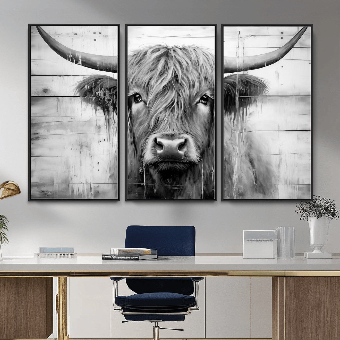 1001HASAN27-MGV-FC-48X32-3P - Black White Highland Cow Wall Art Canvas Print