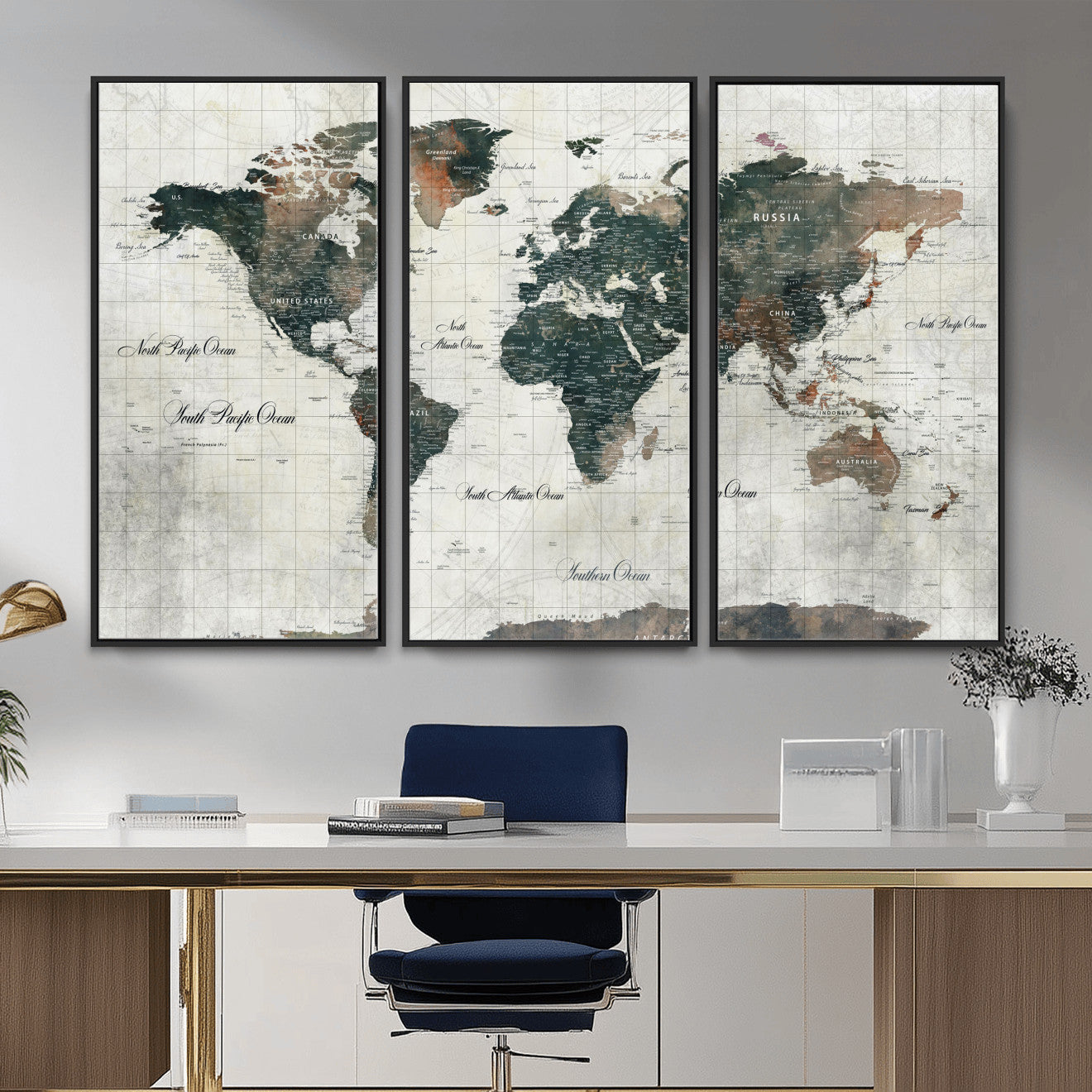 90149079-MGV-FC-48X32-3P - World Map Wall Art Canvas Print, Modern Decorative Framed Map Artwork Prints for Living Room, Office, Bedroom Wall Decor