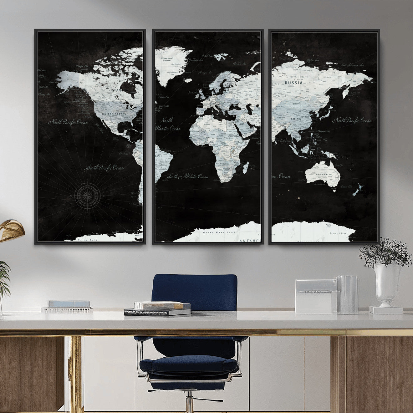 30759283-MGV-FC-48X32-3P - World Map Wall Art Canvas Print, Modern Decorative Framed Map Artwork Prints for Living Room, Office, Bedroom Wall Decor