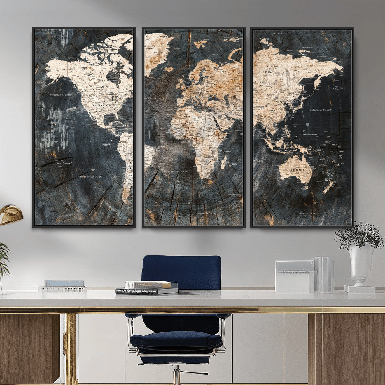 57626704-MGV-FC-48X32-3P - World Map Wall Art Canvas Print, Modern Decorative Framed Map Artwork Prints for Living Room, Office, Bedroom Wall Decor