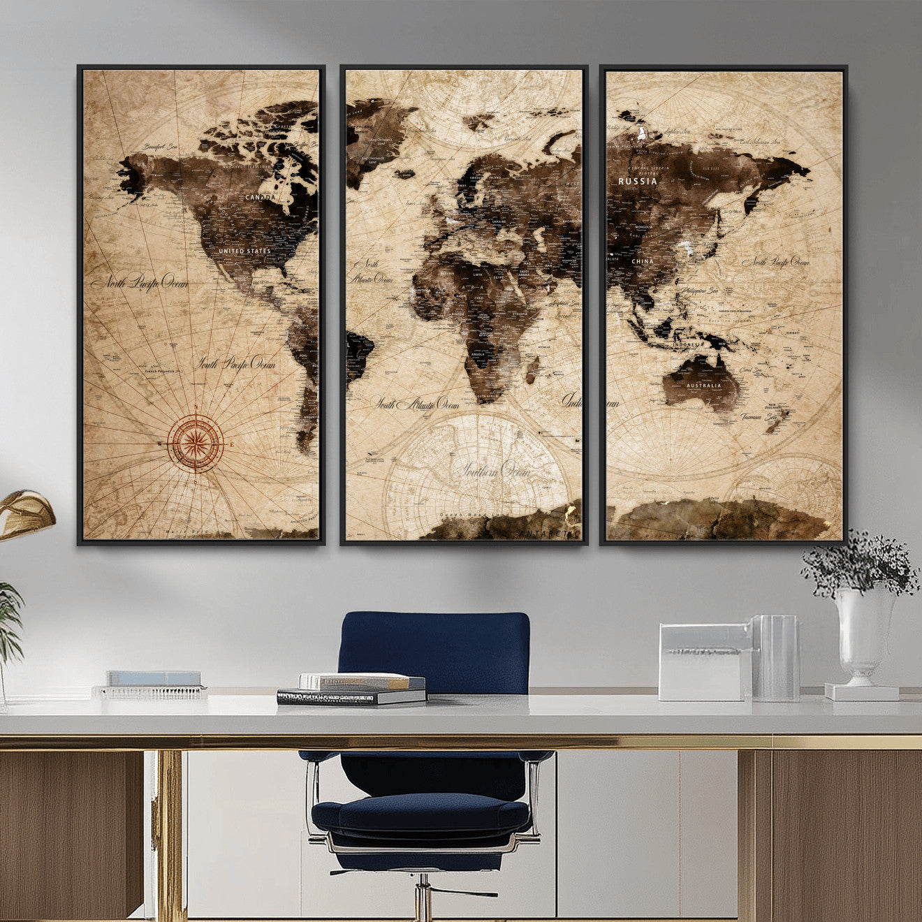 97114757-MGV-FC-48X32-3P - World Map Wall Art Canvas Print, Modern Decorative Framed Map Artwork Prints for Living Room, Office, Bedroom Wall Decor