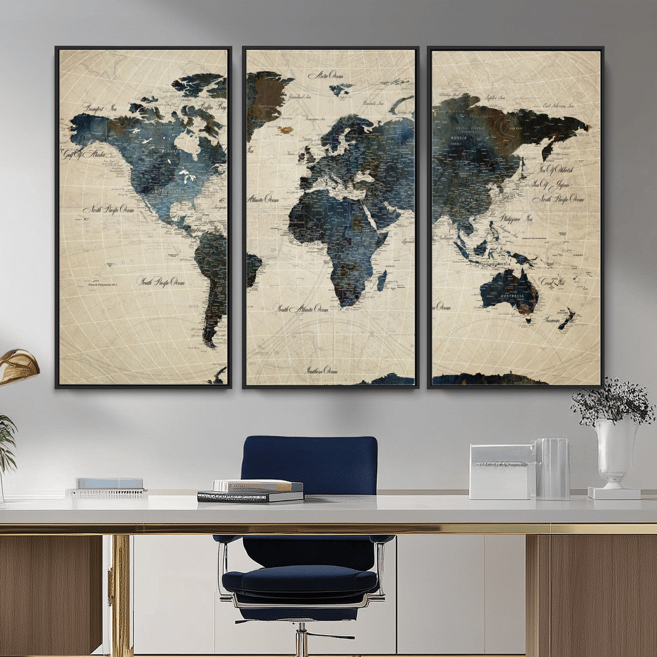 33438443-MGV-FC-48X32-3P - World Map Wall Art Canvas Print, Modern Decorative Framed Map Artwork Prints for Living Room, Office, Bedroom Wall Decor