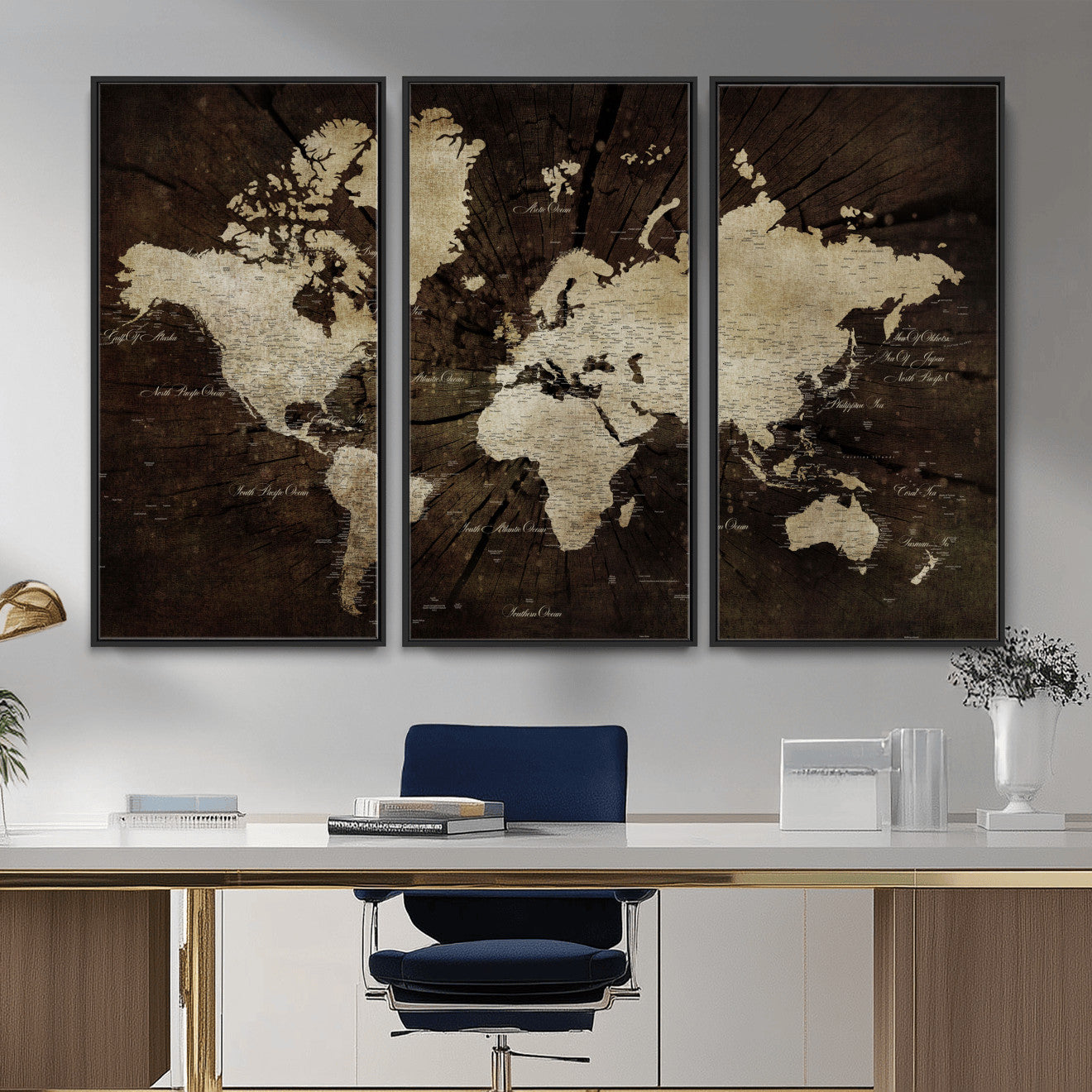24010397-MGV-FC-48X32-3P - World Map Wall Art Canvas Print, Modern Decorative Framed Map Artwork Prints for Living Room, Office, Bedroom Wall Decor