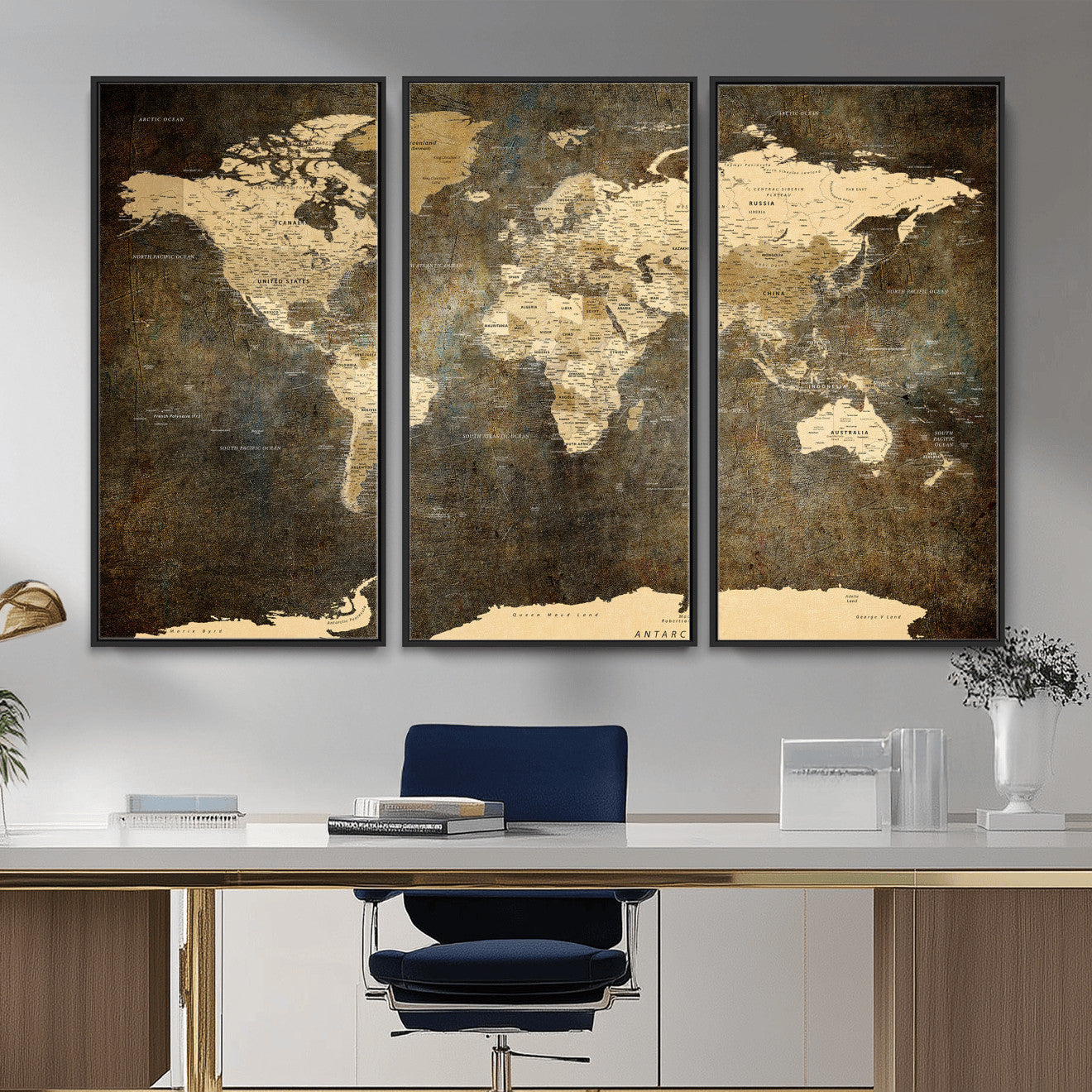 89742472-MGV-CV-36X24 - World Map Wall Art Canvas Print, Modern Decorative Framed Map Artwork Prints for Living Room, Office, Bedroom Wall Decor