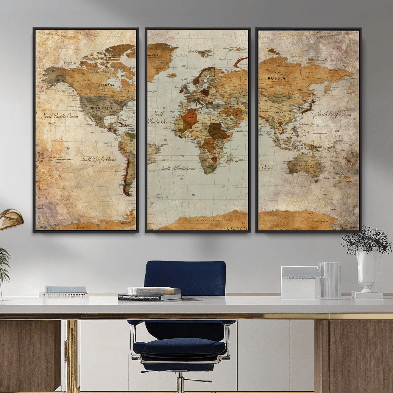 74176056-MGV-CV-36X24 - World Map Wall Art Canvas Print, Modern Decorative Framed Map Artwork Prints for Living Room, Office, Bedroom Wall Decor