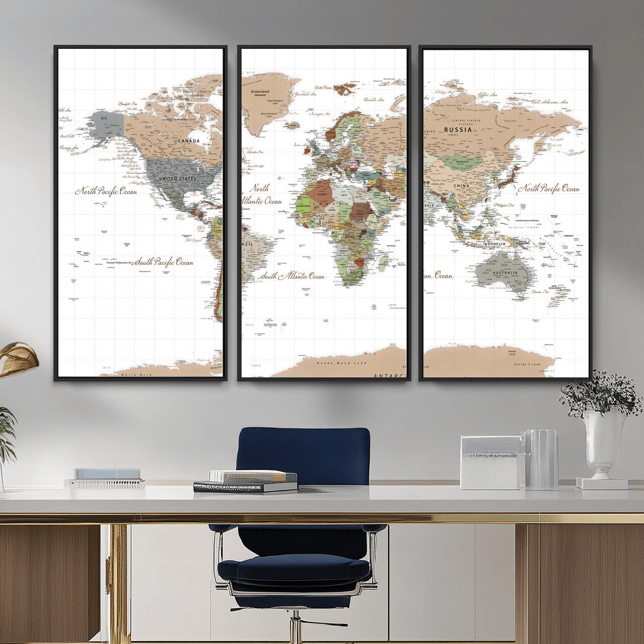 91286788-MGV-CV-36X24 - World Map Wall Art Canvas Print, Modern Decorative Framed Map Artwork Prints for Living Room, Office, Bedroom Wall Decor