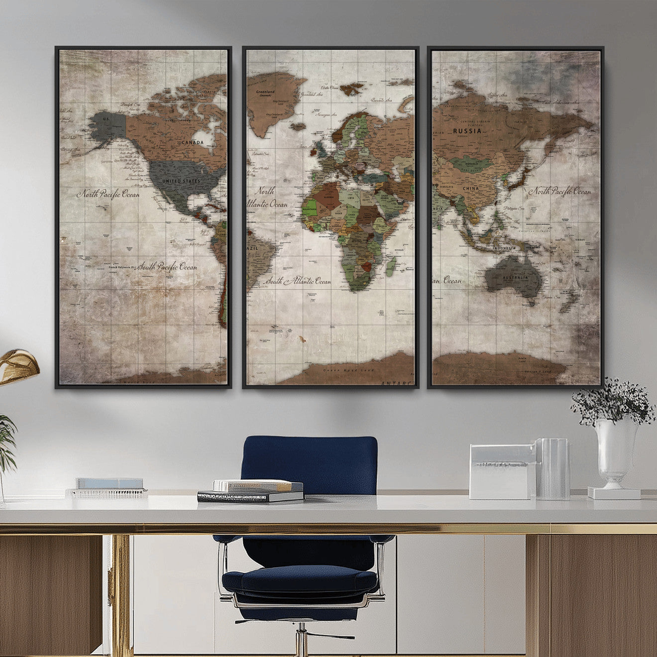 65393892-MGV-CV-36X24 - World Map Wall Art Canvas Print, Modern Decorative Framed Map Artwork Prints for Living Room, Office, Bedroom Wall Decor