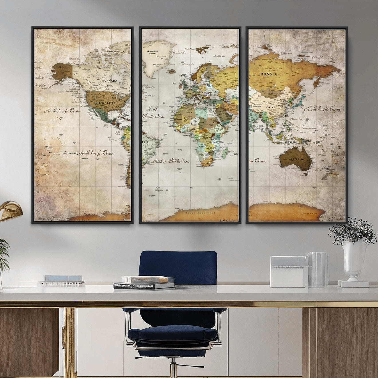 86108417-MGV-CV-36X24 - World Map Wall Art Canvas Print, Modern Decorative Framed Map Artwork Prints for Living Room, Office, Bedroom Wall Decor
