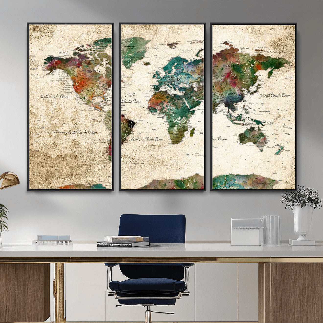 87544591-MGV-CV-36X24 - World Map Wall Art Canvas Print, Modern Decorative Framed Map Artwork Prints for Living Room, Office, Bedroom Wall Decor