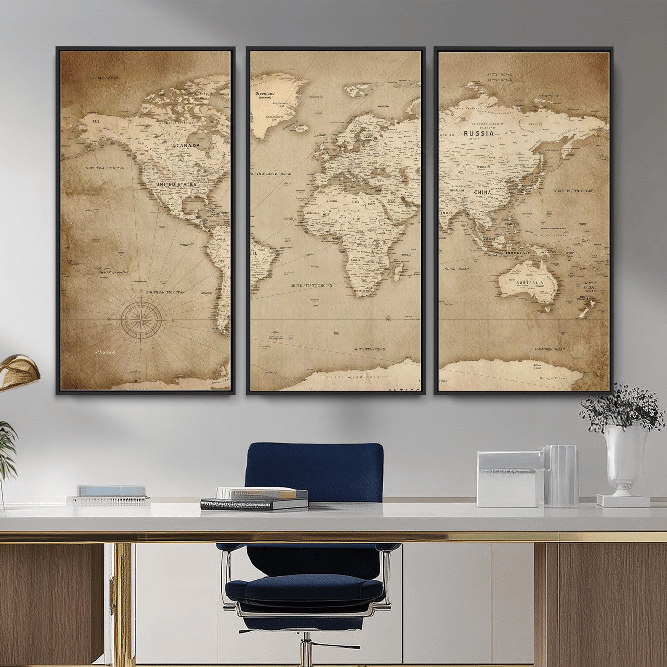 34795134-MGV-CV-36X24 - World Map Wall Art Canvas Print, Modern Decorative Framed Map Artwork Prints for Living Room, Office, Bedroom Wall Decor