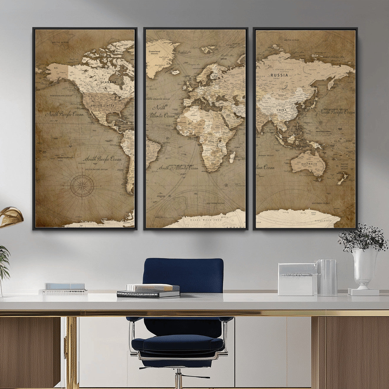 82314635-MGV-CV-36X24 - World Map Wall Art Canvas Print, Modern Decorative Framed Map Artwork Prints for Living Room, Office, Bedroom Wall Decor