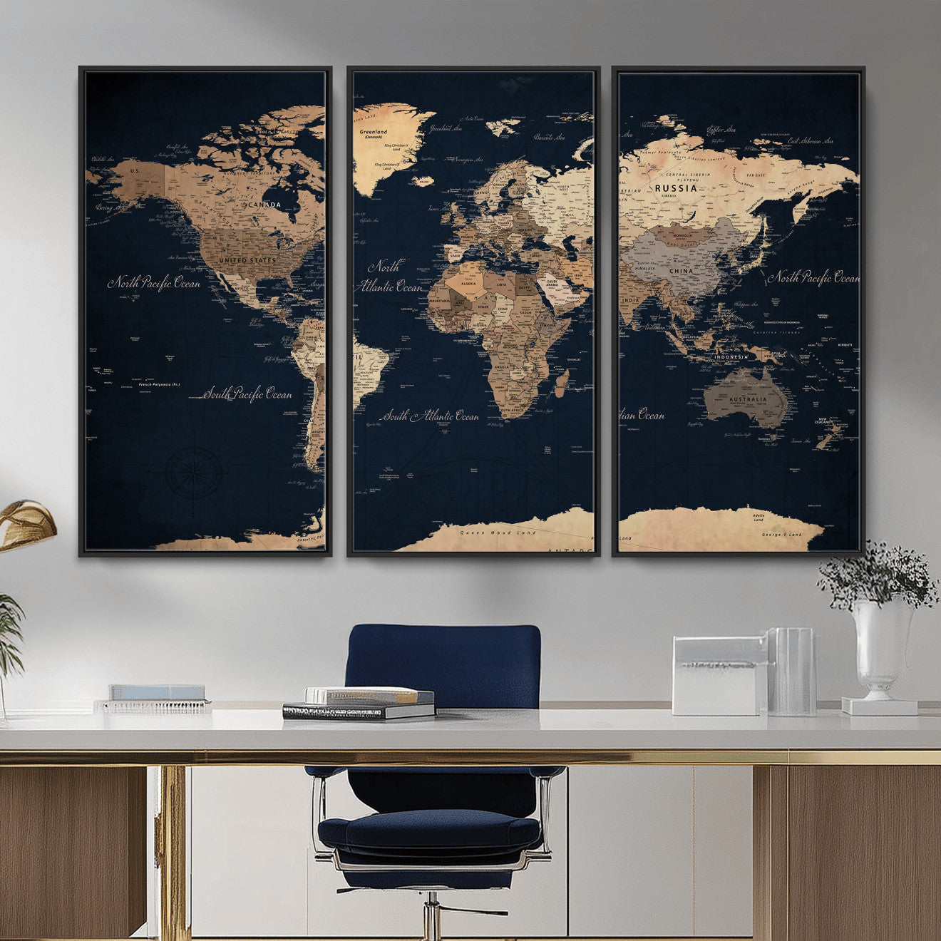 53971530-MGV-CV-36X24 - World Map Wall Art Canvas Print, Modern Decorative Framed Map Artwork Prints for Living Room, Office, Bedroom Wall Decor