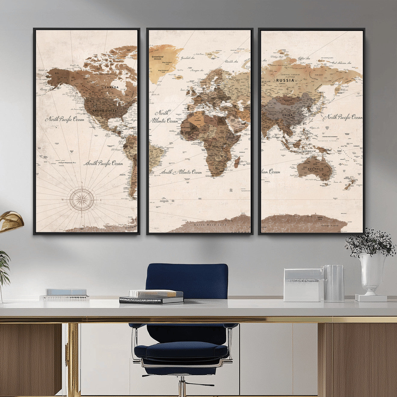 69860078-MGV-CV-36X24 - World Map Wall Art Canvas Print, Modern Decorative Framed Map Artwork Prints for Living Room, Office, Bedroom Wall Decor