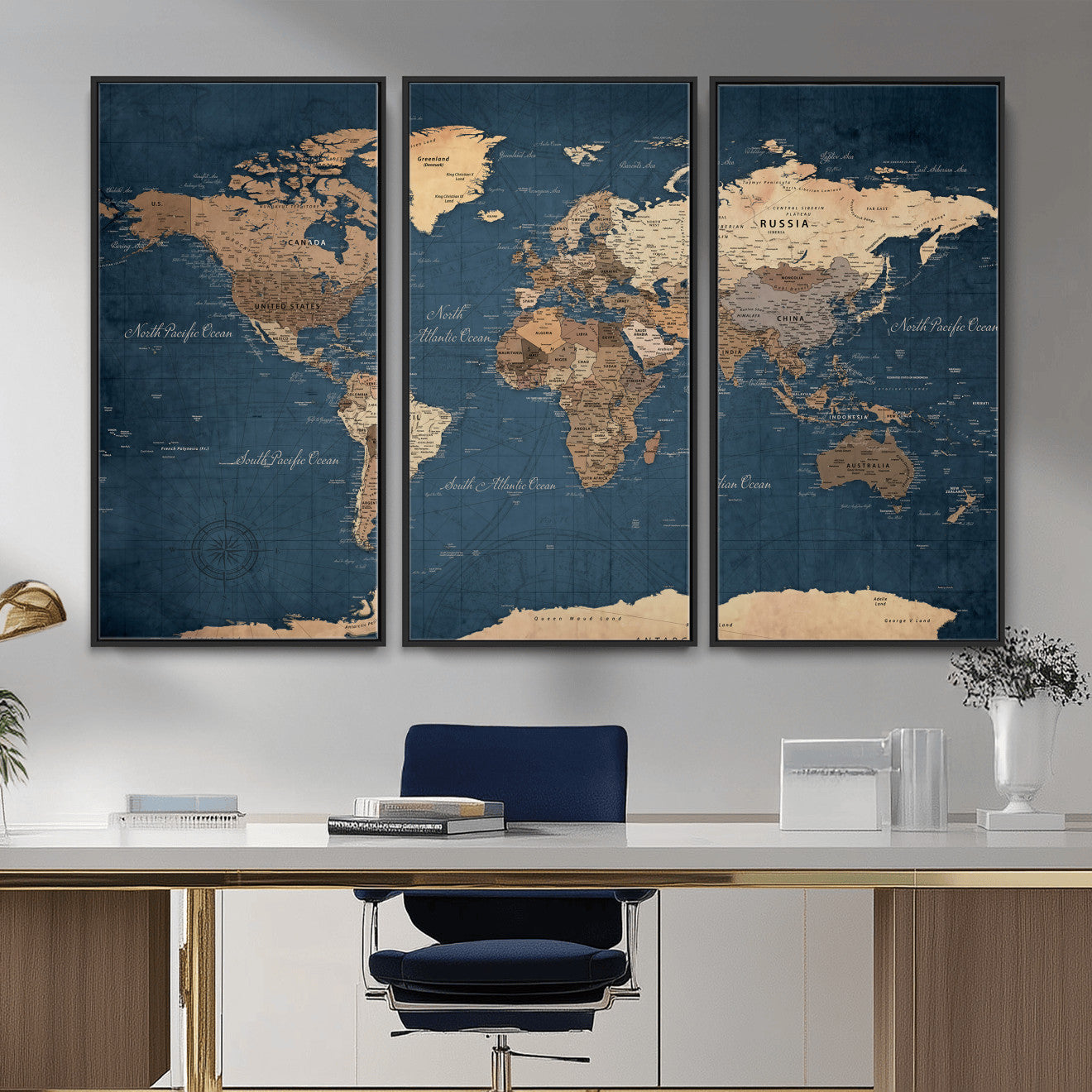 69886352-MGV-CV-36X24 - World Map Wall Art Canvas Print, Modern Decorative Framed Map Artwork Prints for Living Room, Office, Bedroom Wall Decor