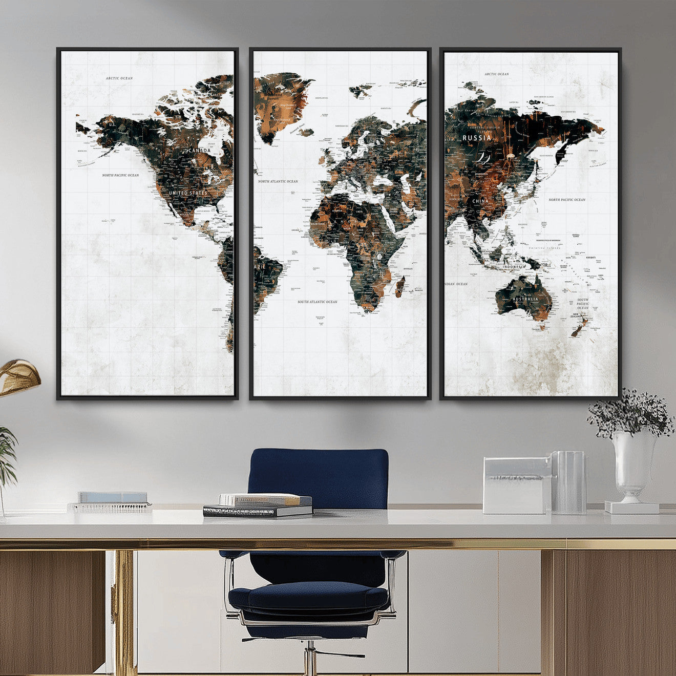 60008766-MGV-CV-36X24 - World Map Wall Art Canvas Print, Modern Decorative Framed Map Artwork Prints for Living Room, Office, Bedroom Wall Decor