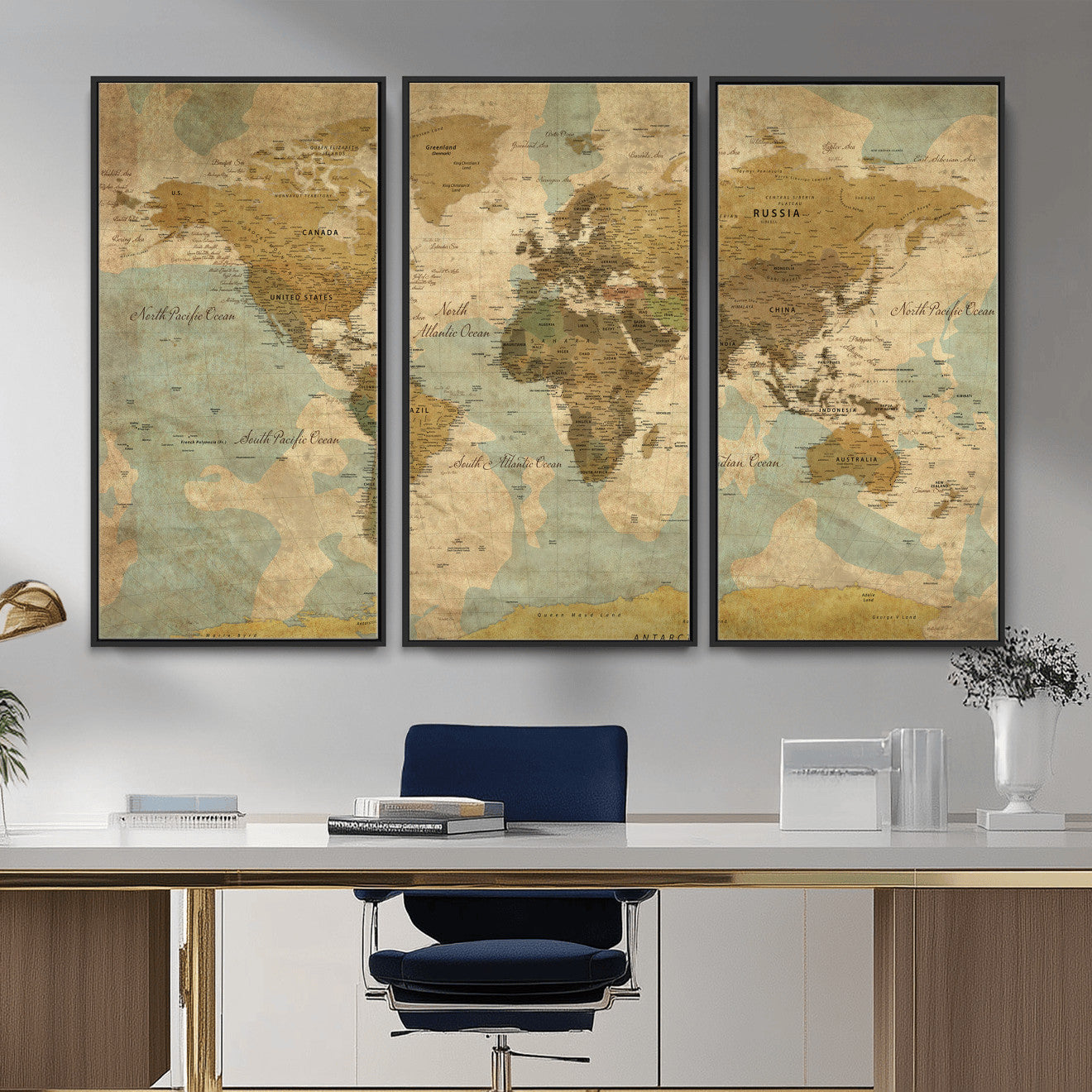89356927-MGV-CV-36X24 - World Map Wall Art Canvas Print, Modern Decorative Framed Map Artwork Prints for Living Room, Office, Bedroom Wall Decor