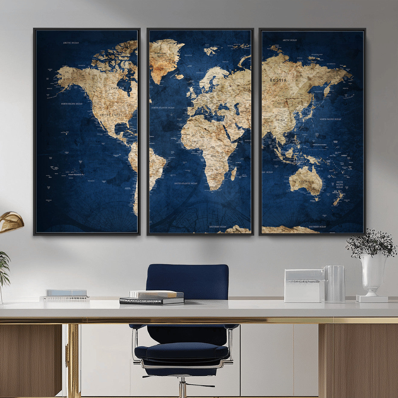 57503519-MGV-CV-36X24 - World Map Wall Art Canvas Print, Modern Decorative Framed Map Artwork Prints for Living Room, Office, Bedroom Wall Decor