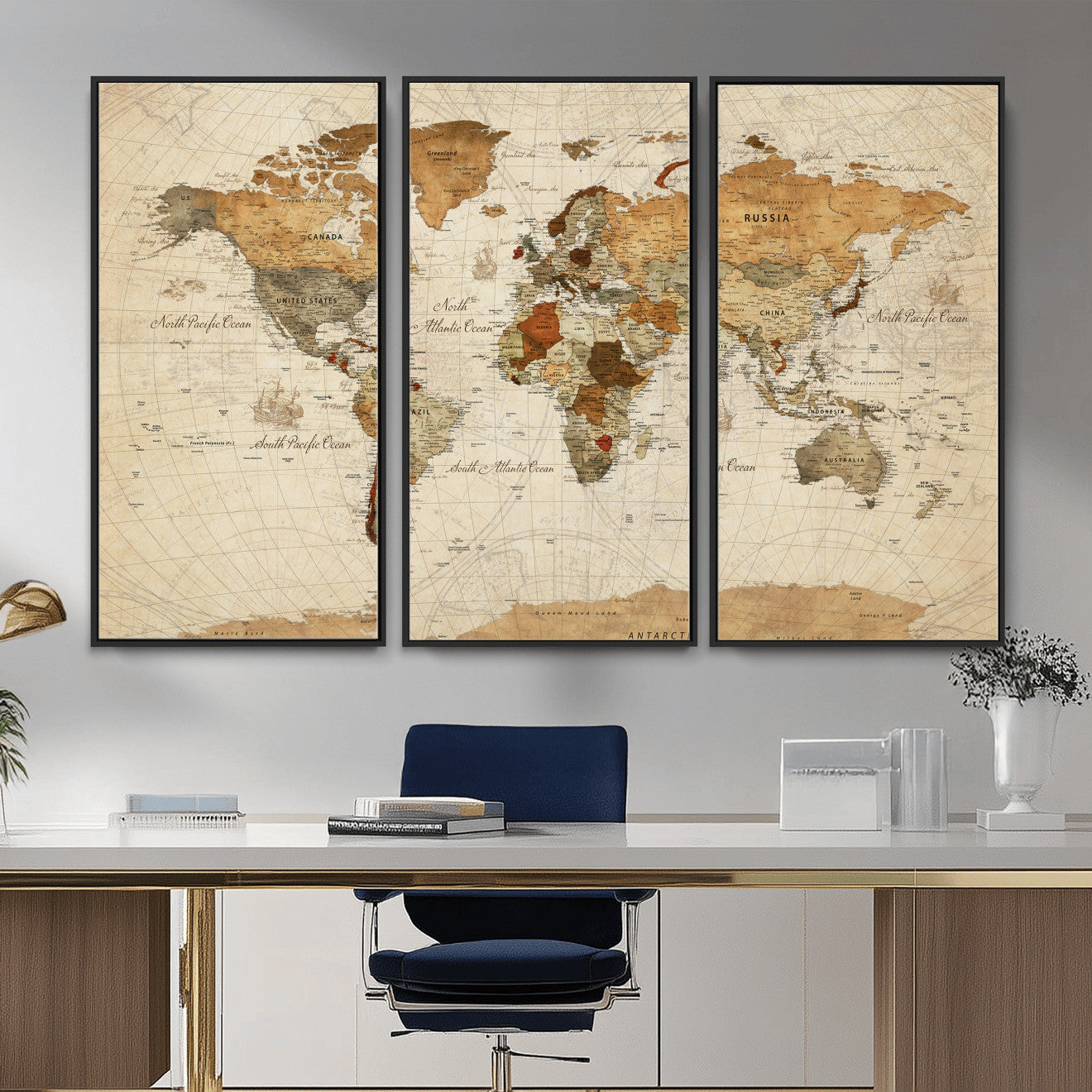 30704397-MGV-CV-36X24 - World Map Wall Art Canvas Print, Modern Decorative Framed Map Artwork Prints for Living Room, Office, Bedroom Wall Decor