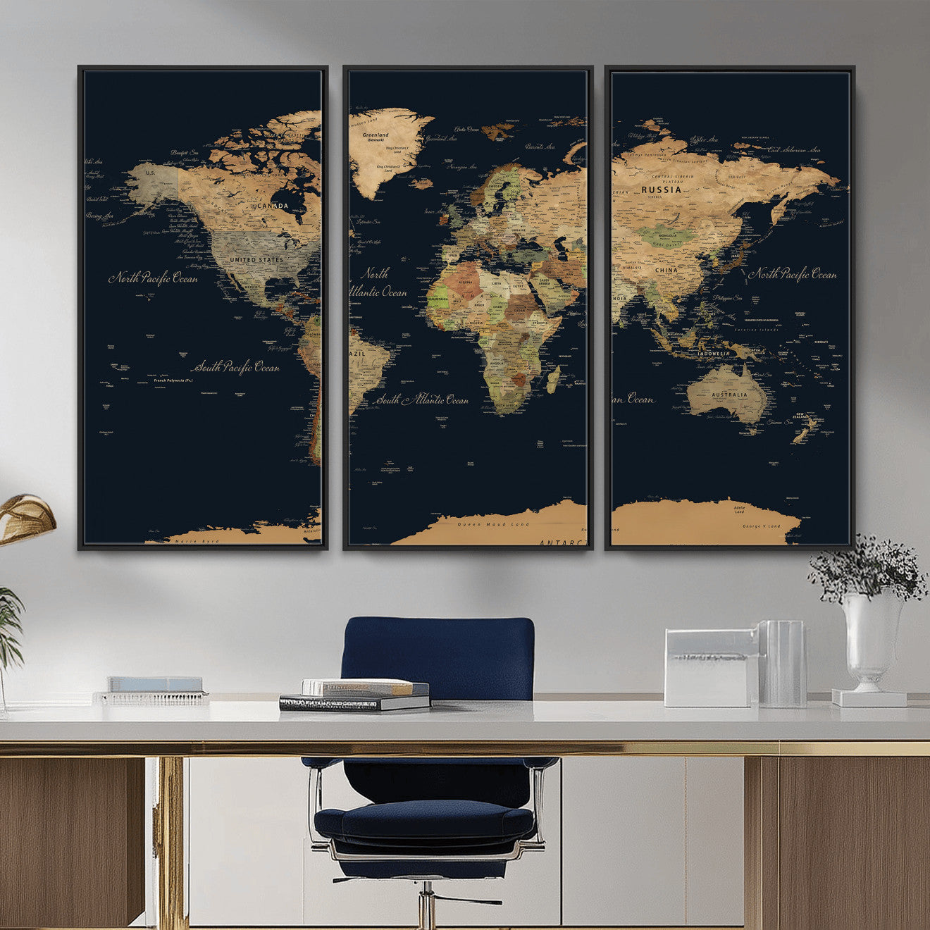 94449133-MGV-CV-36X24 - World Map Wall Art Canvas Print, Modern Decorative Framed Map Artwork Prints for Living Room, Office, Bedroom Wall Decor