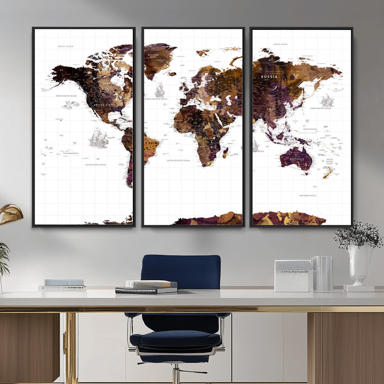 34792695-MGV-CV-36X24 - World Map Wall Art Canvas Print, Modern Decorative Framed Map Artwork Prints for Living Room, Office, Bedroom Wall Decor