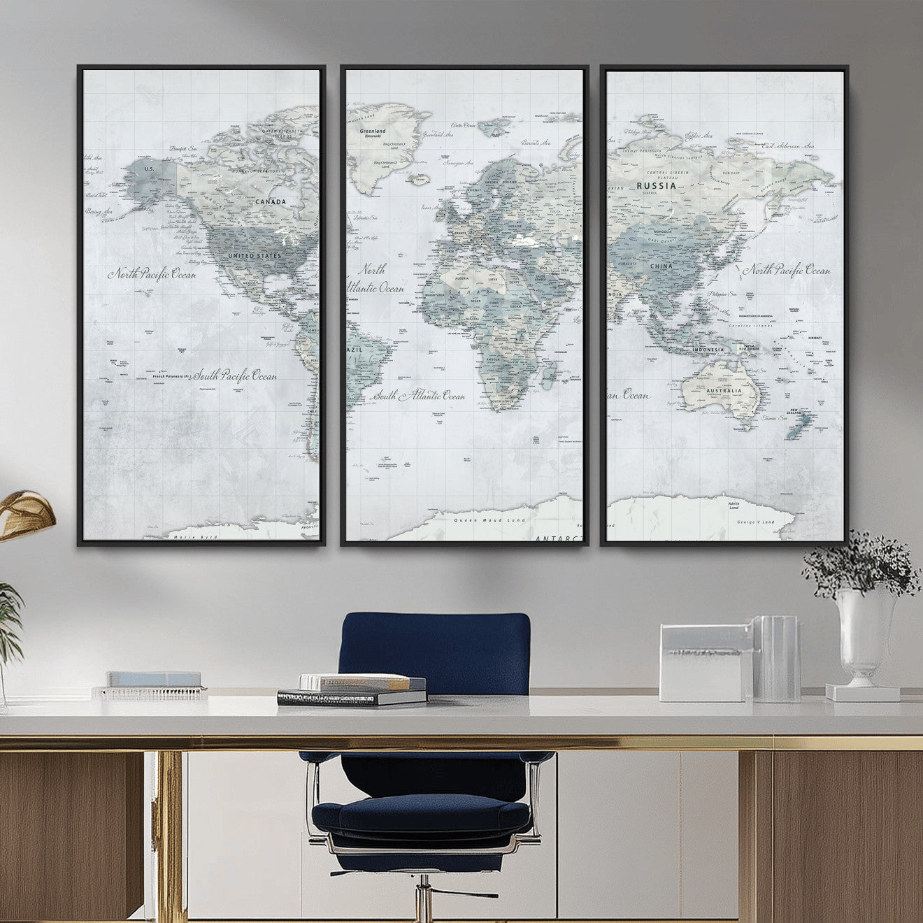 71091917-MGV-CV-36X24 - World Map Wall Art Canvas Print, Modern Decorative Framed Map Artwork Prints for Living Room, Office, Bedroom Wall Decor