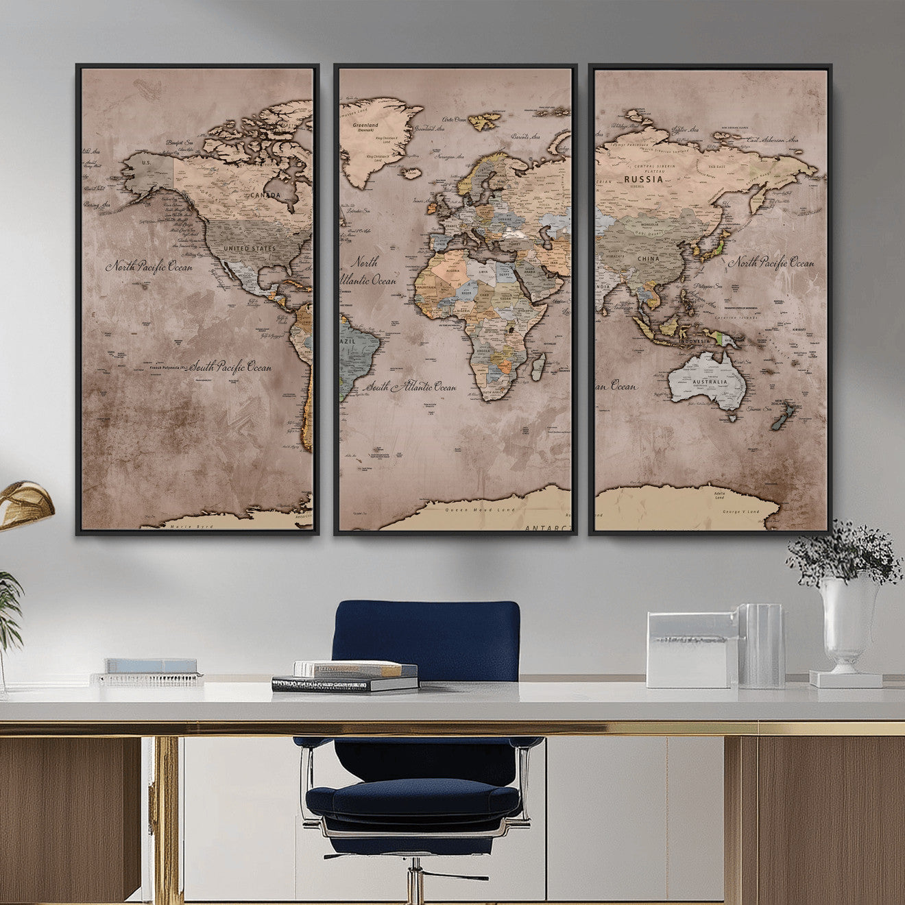 91471273-MGV-CV-36X24 - World Map Wall Art Canvas Print, Modern Decorative Framed Map Artwork Prints for Living Room, Office, Bedroom Wall Decor