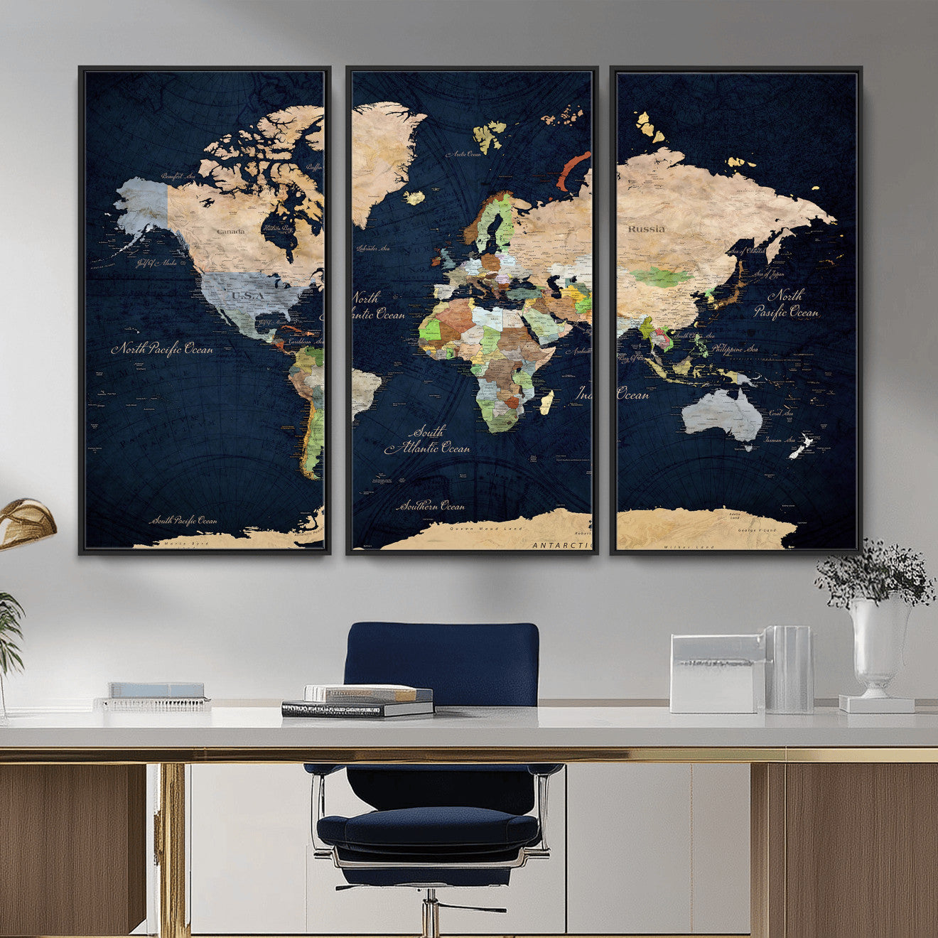 76603563-MGV-CV-36X24 - World Map Wall Art Canvas Print, Modern Decorative Framed Map Artwork Prints for Living Room, Office, Bedroom Wall Decor