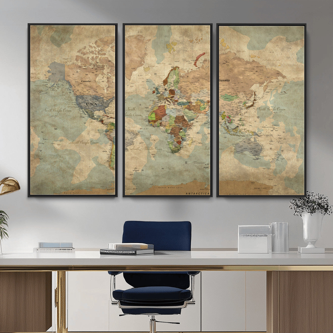31492148-MGV-CV-36X24 - World Map Wall Art Canvas Print, Modern Decorative Framed Map Artwork Prints for Living Room, Office, Bedroom Wall Decor