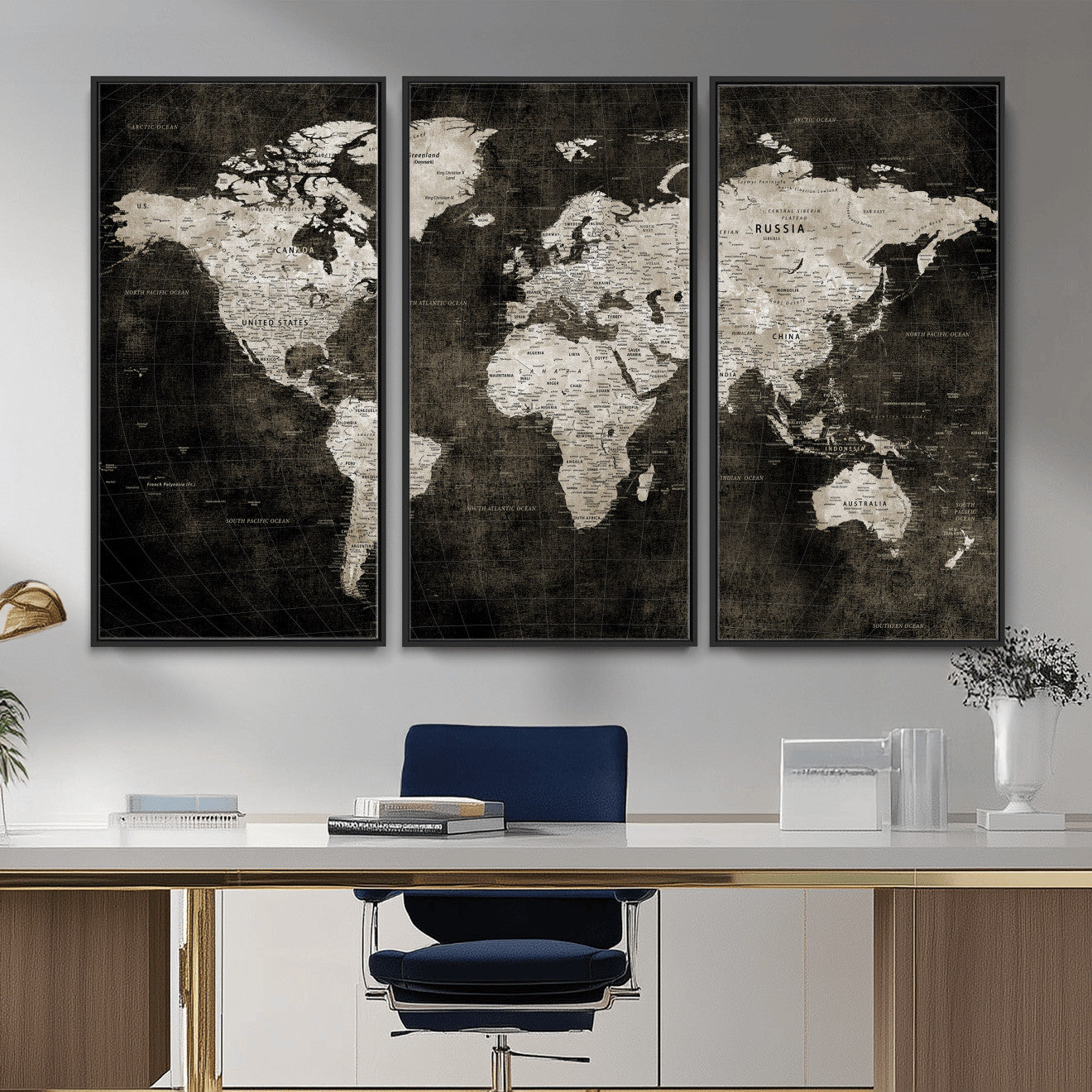 94581666-MGV-CV-36X24 - World Map Wall Art Canvas Print, Modern Decorative Framed Map Artwork Prints for Living Room, Office, Bedroom Wall Decor
