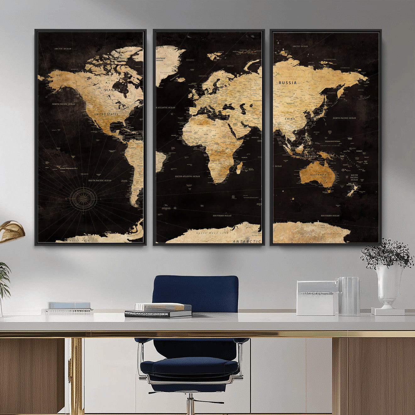 70468159-MGV-CV-36X24 - World Map Wall Art Canvas Print, Modern Decorative Framed Map Artwork Prints for Living Room, Office, Bedroom Wall Decor