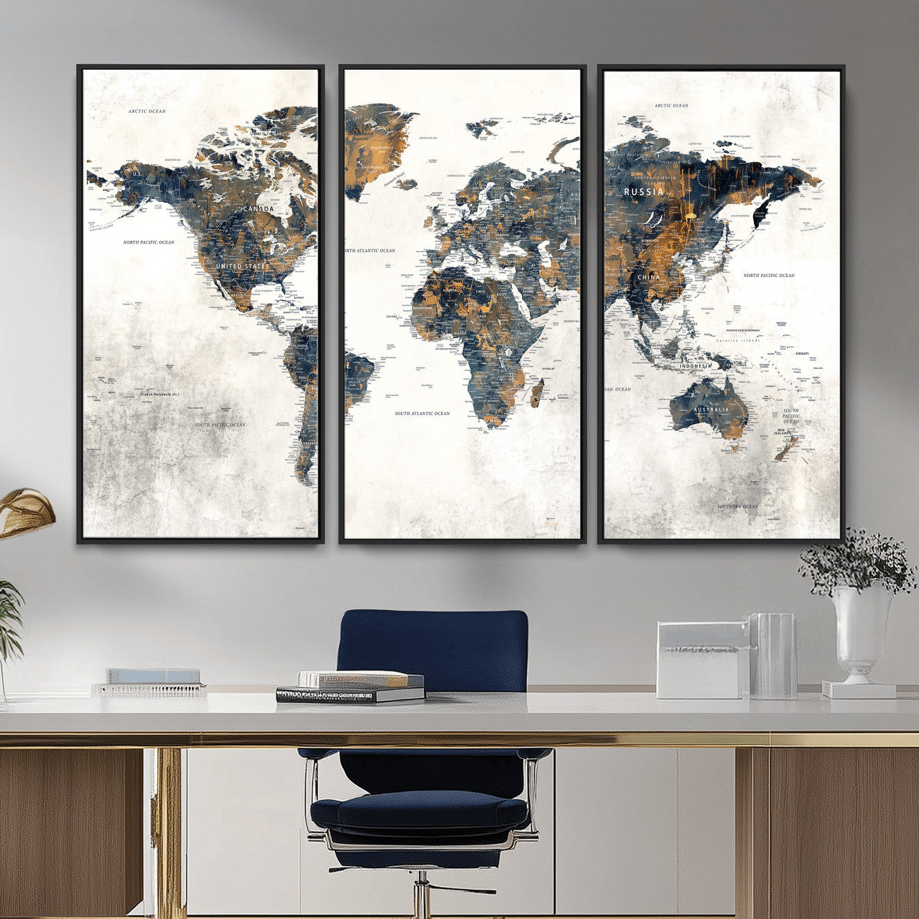 52451147-MGV-CV-36X24 - World Map Wall Art Canvas Print, Modern Decorative Framed Map Artwork Prints for Living Room, Office, Bedroom Wall Decor